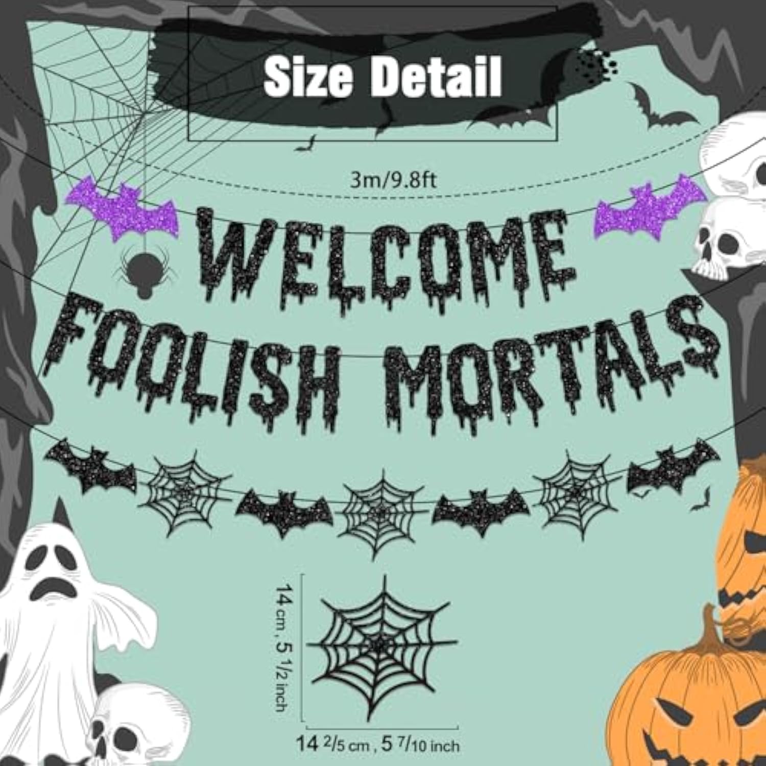 Welcome Foolish Mortals Halloween Banner Decorations Halloween Haunted Mansion Banner Wall Decorations With Bat And Spider For Halloween Party Decorations