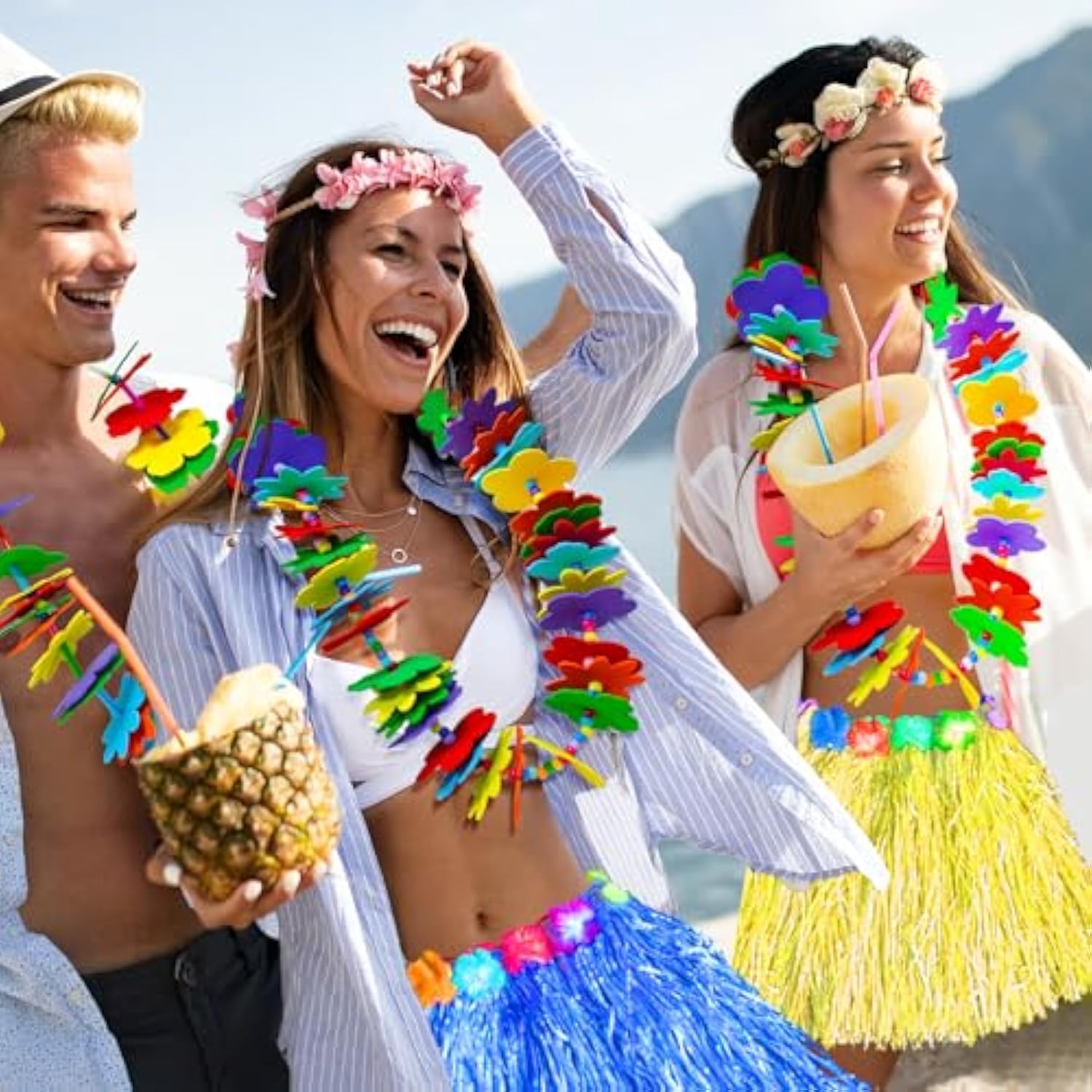 12 Pcs Hawaiian Lei Making Craft Kit,Foam Flower Necklace Eva Luau Crafts Diy Flower Necklaces With Hula Skirt Hawaiian Leis Bulk Decoration For Hawaiian Luau Summer Beach Party Decor