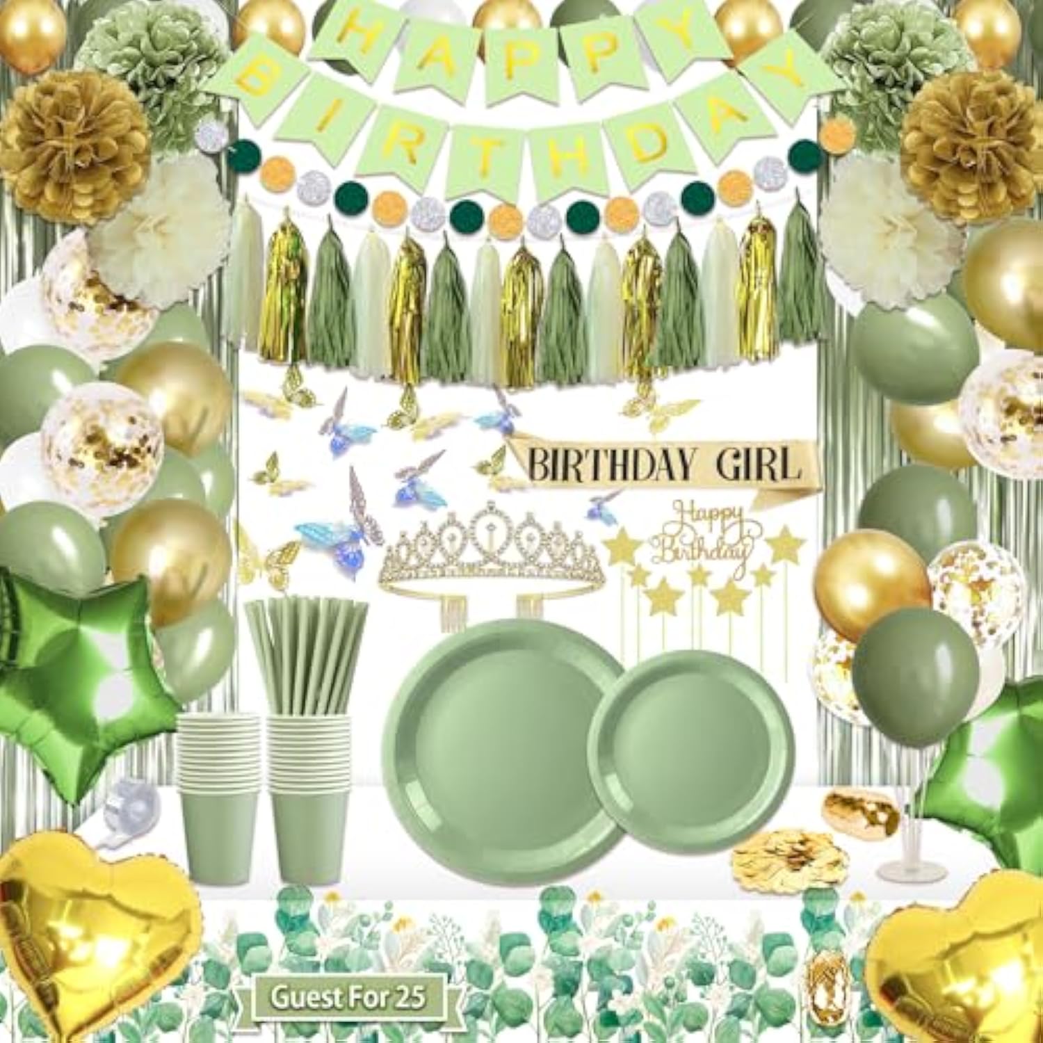 222 Pcs Sage Green Happy Birthday Decorations, Birthday Decorations For Women Or Girl Kit- Disposable Dinnerware Set With 25 Guest, Balloons, Sash, Tiara, Banner, Paper Pom Poms