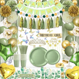 222 Pcs Sage Green Happy Birthday Decorations, Birthday Decorations For Women Or Girl Kit- Disposable Dinnerware Set With 25 Guest, Balloons, Sash, Tiara, Banner, Paper Pom Poms