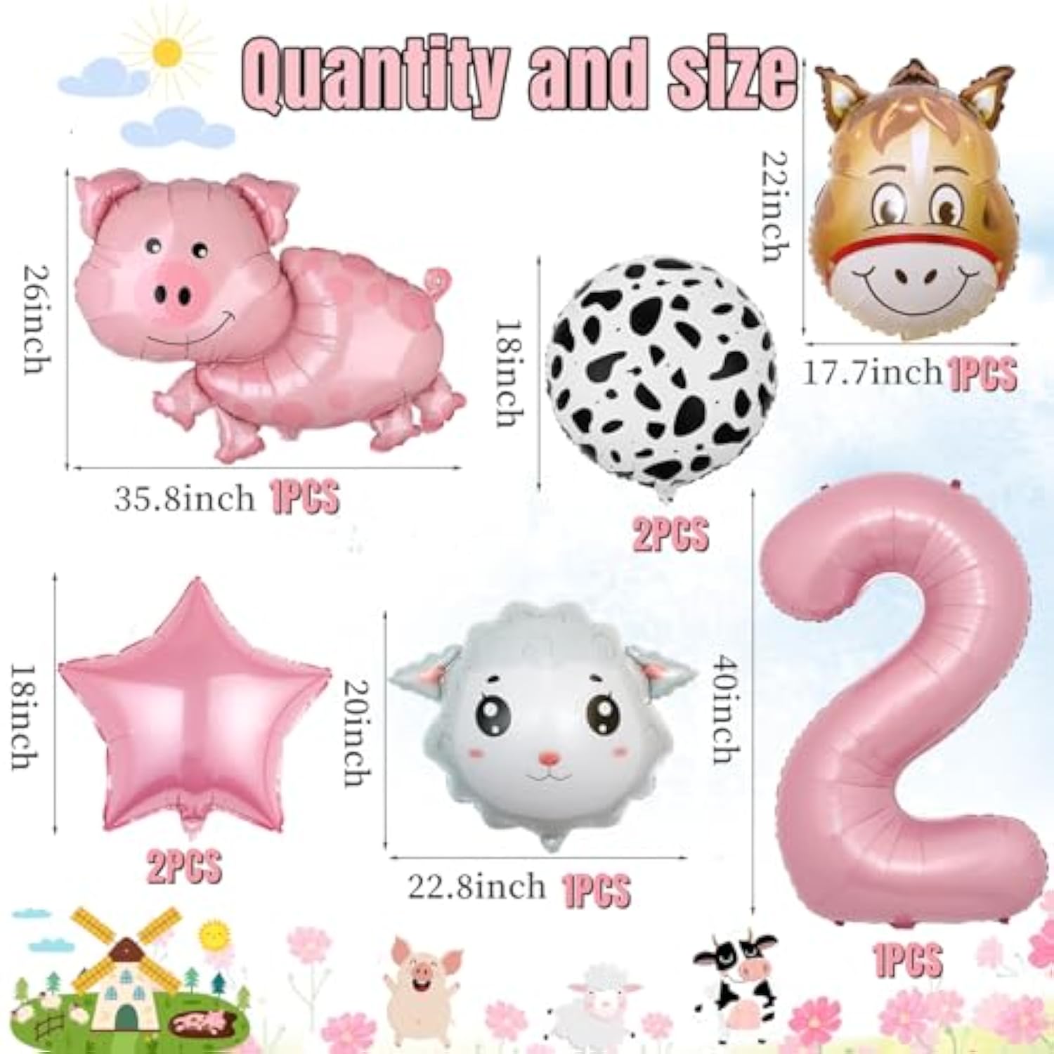 19Pcs Farm Animal Balloons Cow Sheep Pig Donkey Foil Baby Shower 2nd Birthday Decor