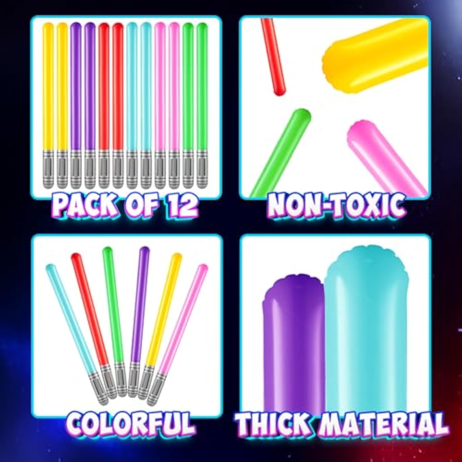 Inflatable Light Sabers For Kids - (Pack Of 12) 35-Inch Neon Color Blow-Up Toy Saber Swords, Party Favors, Goodie Bags, Star Galaxy Theme Birthdays & Prize Toys