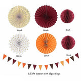 Burgundy Brown-Orange Baby-Shower Boho Party-Decorations - 20pcs Fall Autumn Paper Lanterns Fans,Tissue Pom Poms,Honeycomb Balls,Wedding Birthday Bridal Harvest Thanksgiving Festival Decor