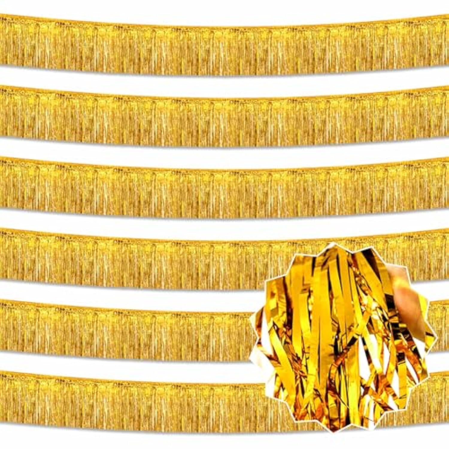6 Pack 10 Ft Gold Foil Fringe Garland Metallic Streamers Tinsel Banner Wall Hanging Garland Backdrop For Parade Floats, Halloween, Christmas, Thanksgiving, New Year Party Decorations