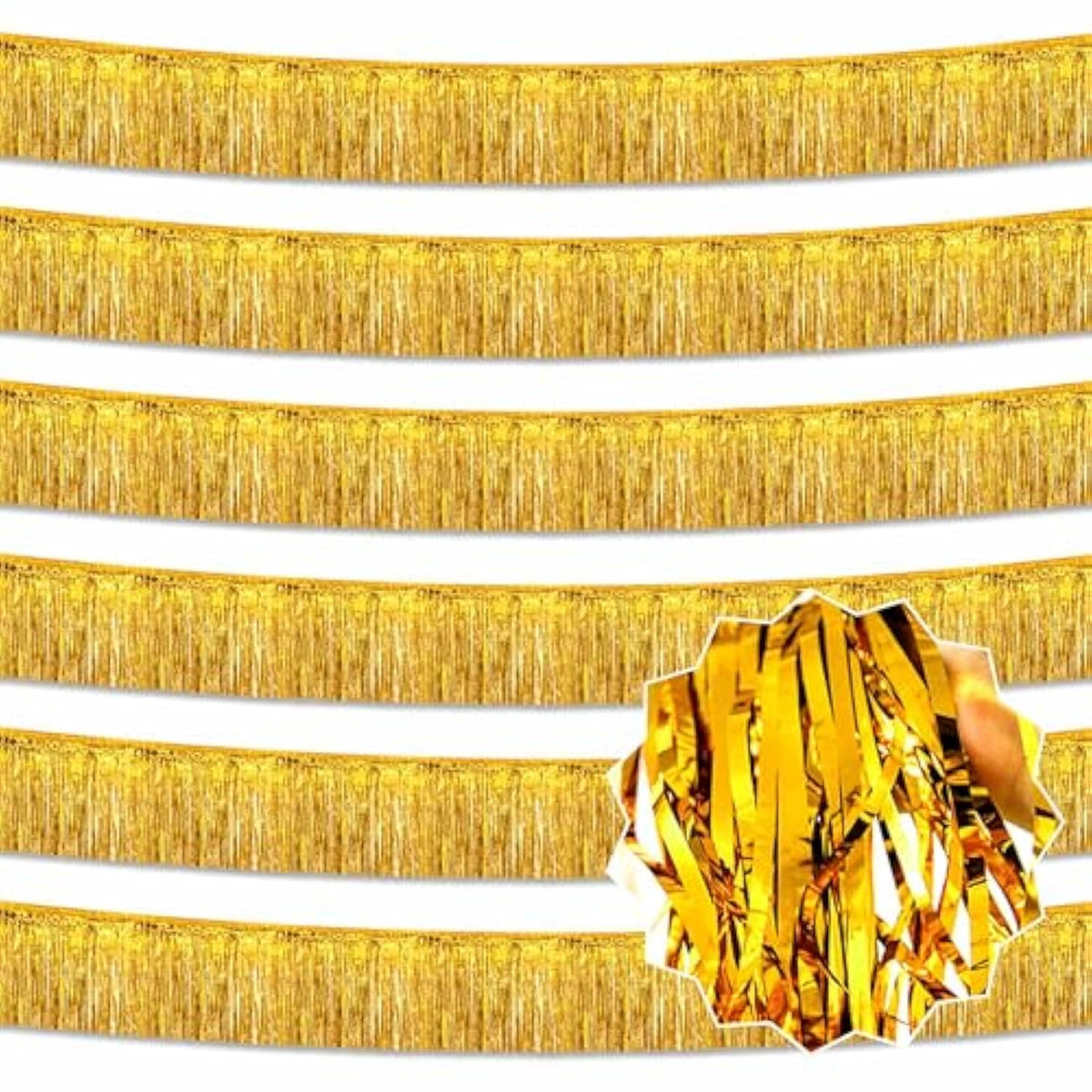 6 Pack 10 Ft Gold Foil Fringe Garland Metallic Streamers Tinsel Banner Wall Hanging Garland Backdrop For Parade Floats, Halloween, Christmas, Thanksgiving, New Year Party Decorations