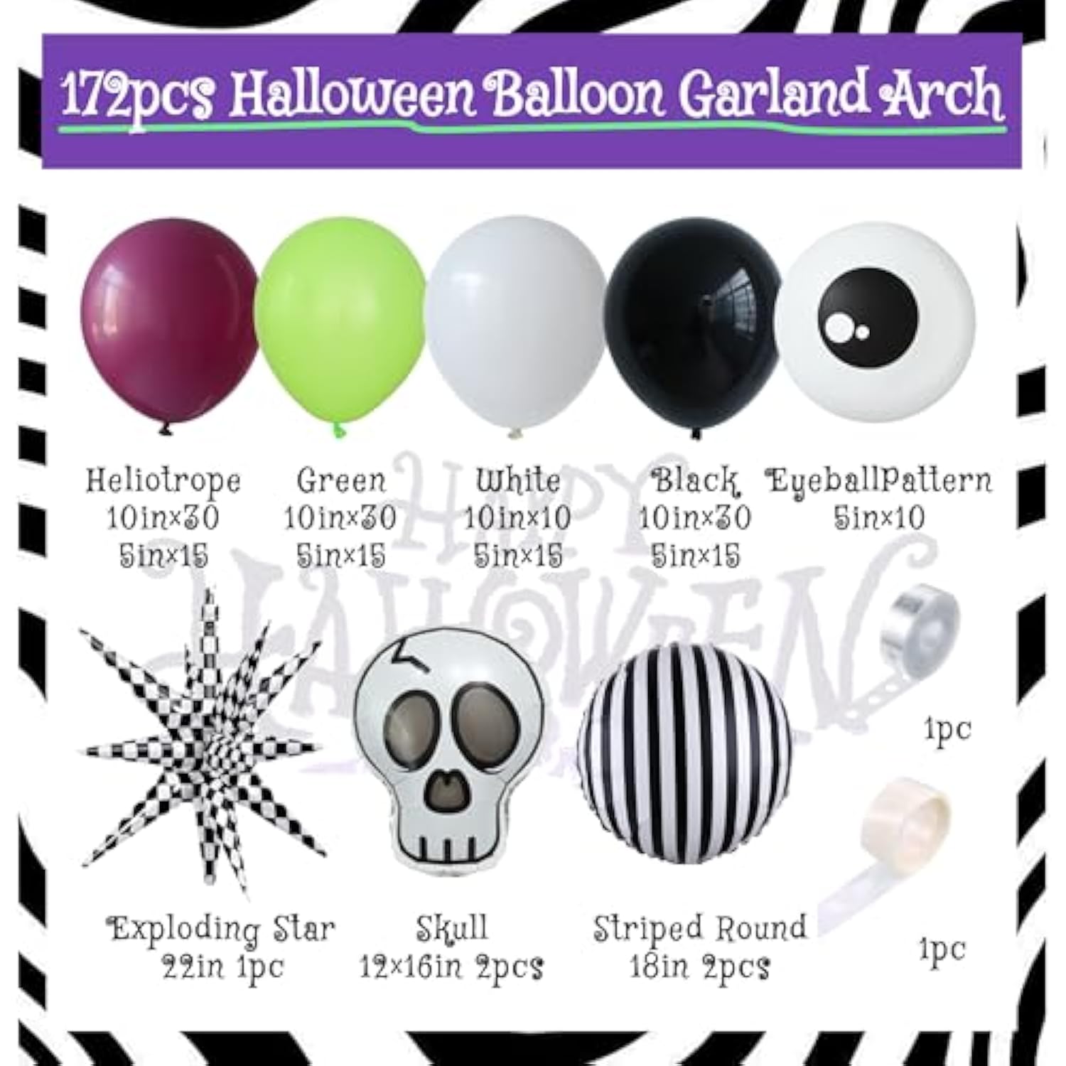 172Pc Halloween Balloon Arch Kit – Purple Green Black White with Skull Foils