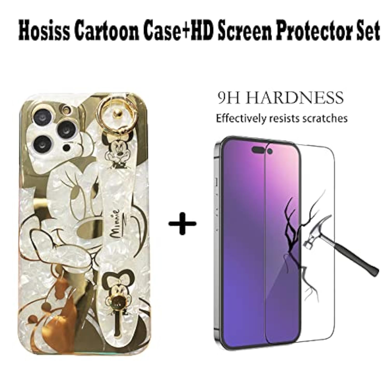 Cartoon Case For Iphone 16 Pro 6.3'' With Hd Screen Protector, With Wrist Strap Kickstand Metal Chain Strap Soft Tpu Shockproof Protective For Girls Women Minnie