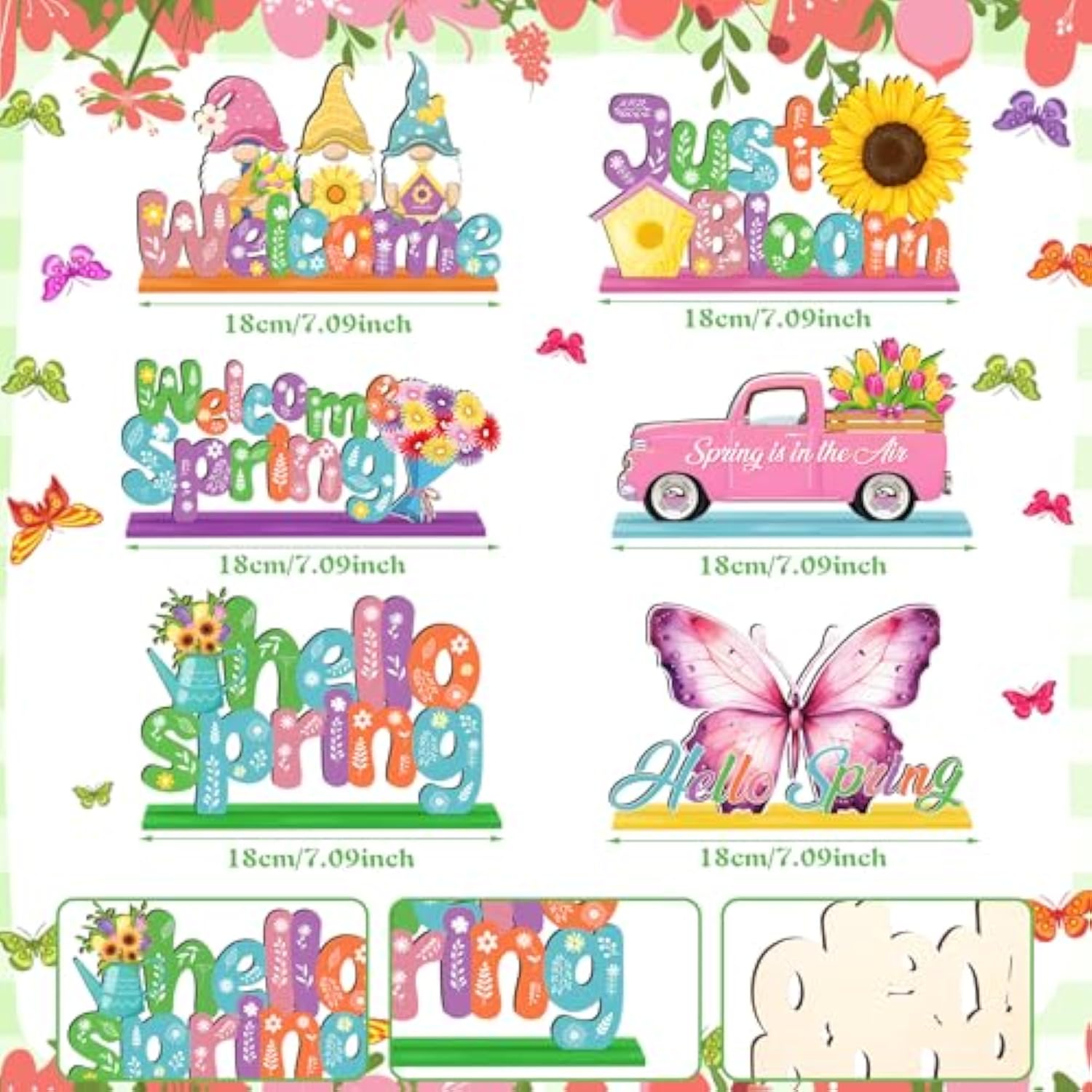 6 Pcs Spring Wooden Table Centerpiece Hello Spring Wooden Table Sign Flower Gnome Truck Butterfly Signs Farmhouse Wood Tabletop Decor For Home Party, 6 Styles