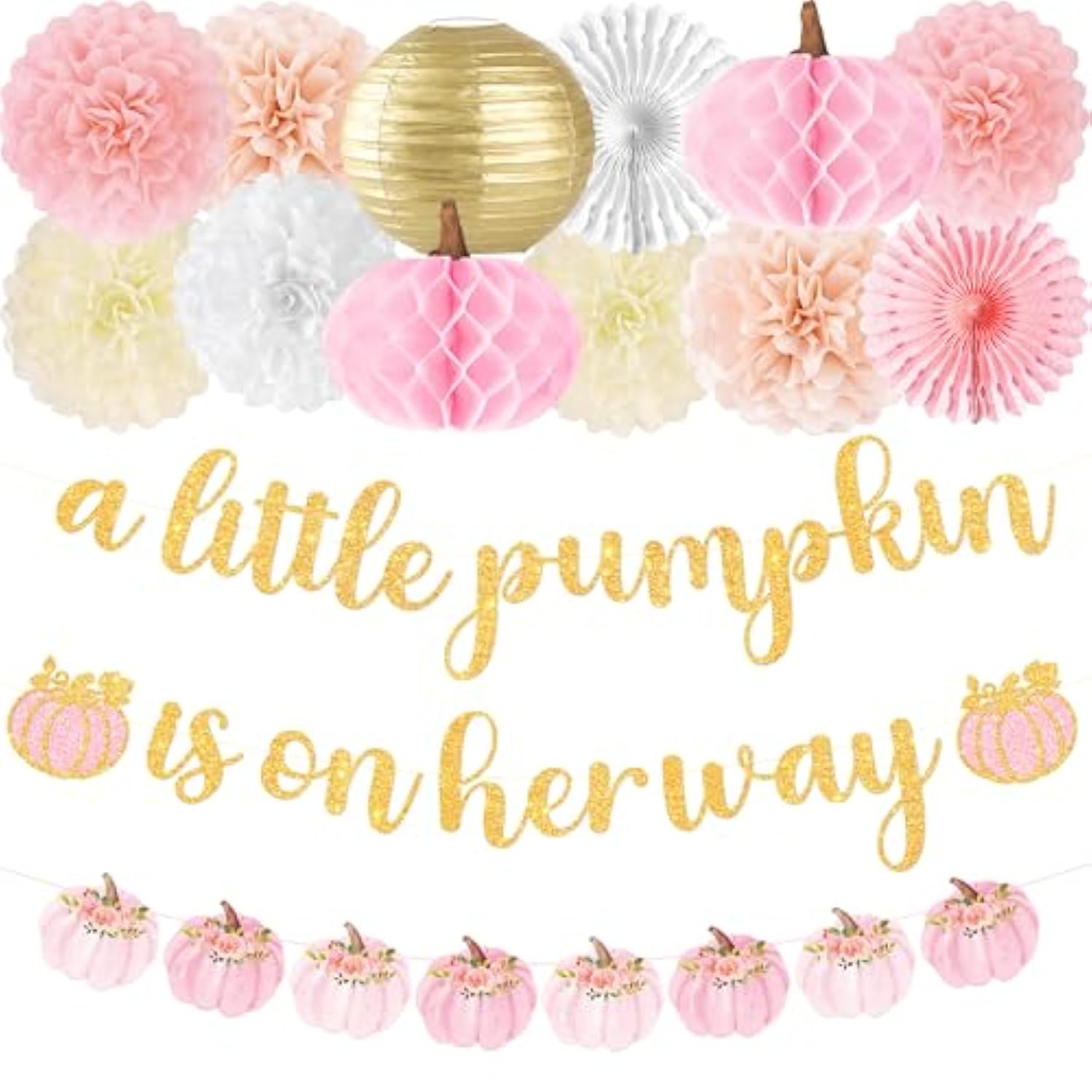 Little Pumpkin Baby Shower Decorations For Girl 15 Pcs Pink Fall Baby Shower Decorations With A Little Pumpkin Is On Her Way Banner, Tissue Pom-Poms, Paper Lantern For It'S A Girl Party
