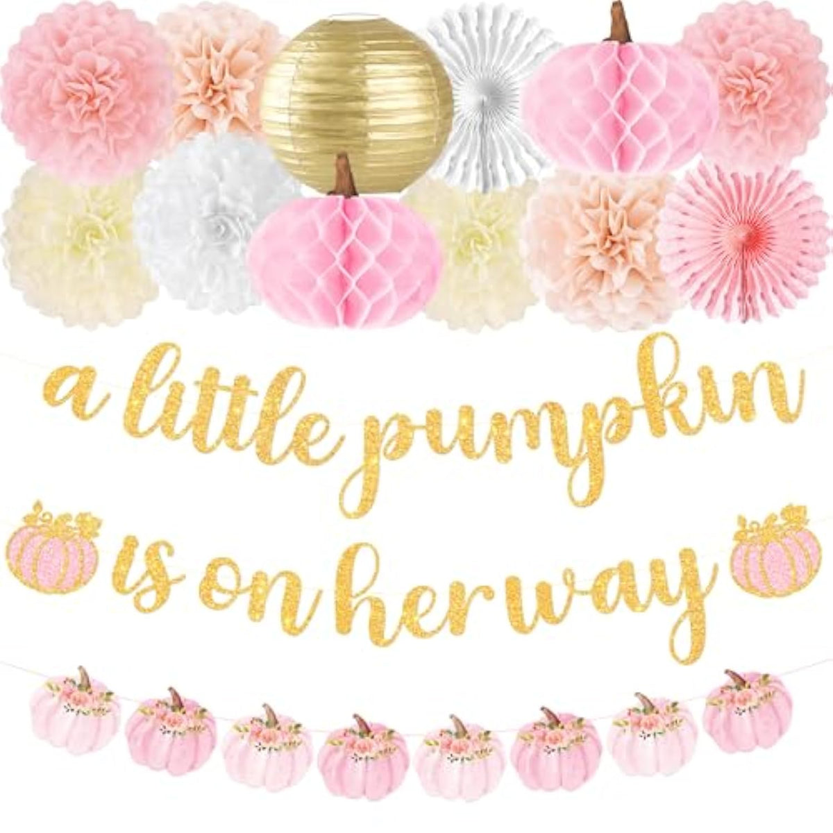Little Pumpkin Baby Shower Decorations For Girl 15 Pcs Pink Fall Baby Shower Decorations With A Little Pumpkin Is On Her Way Banner, Tissue Pom-Poms, Paper Lantern For It'S A Girl Party