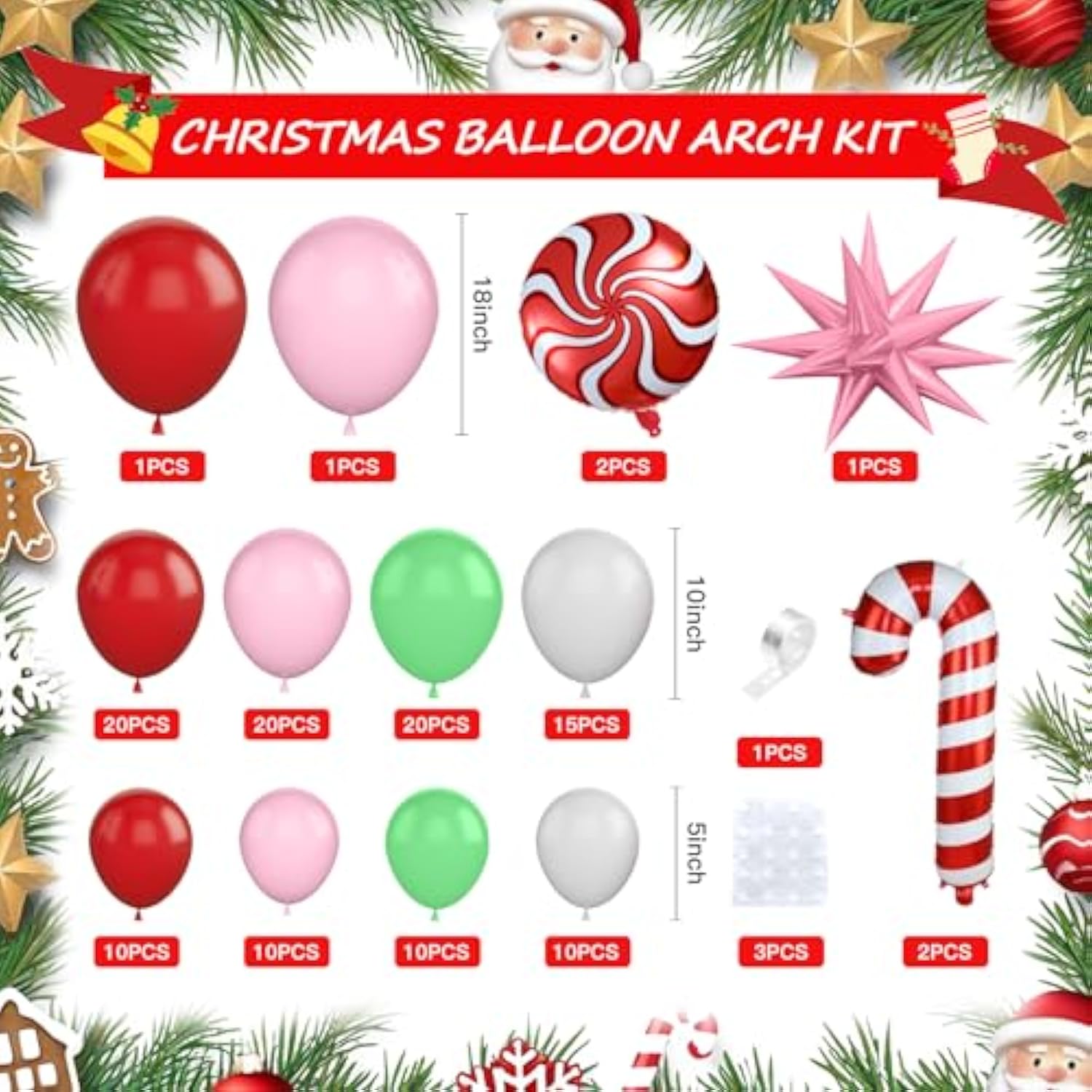 Christmas Balloons Arch - 125 Pcs Balloon Garland Kit With Green, Pink, Red Latex Balloons, Candy Cane & Star Foil Balloons For Christmas Party Decoration