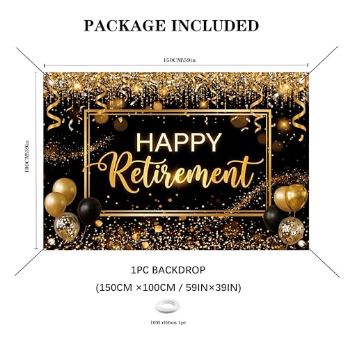 Happy Retirement Backdrop 59x39in Black Gold Party Banner