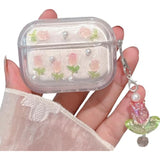 3D Tulip For Airpods Pro/Airpods Pro 2 Case With Keychain, Clear Glitter Pink Floral Design, Shockproof Protective Cover For Women Girls With Flower Charm Strap
