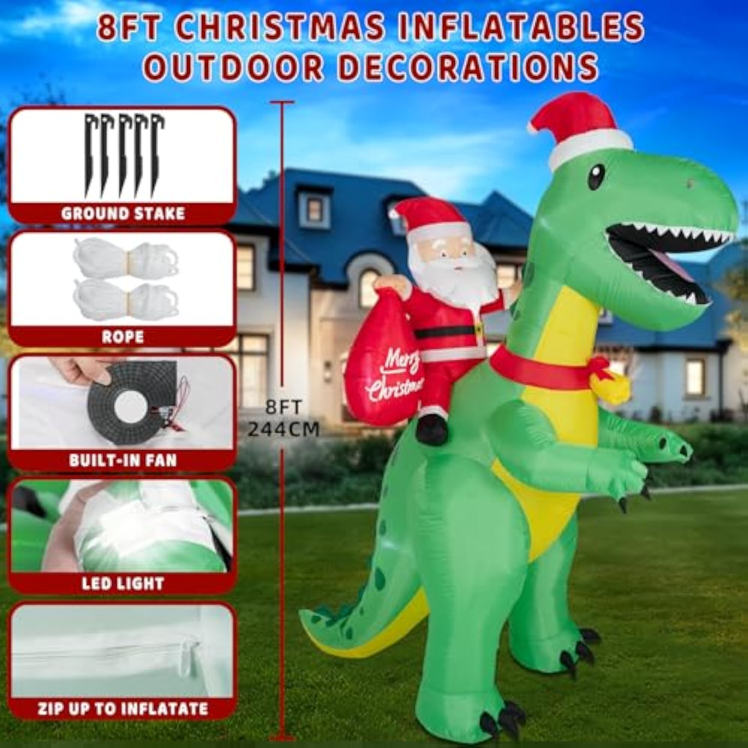 8Ft Christmas Inflatables Santa Claus Riding Dinosaur,Inflatables Decorations Outdoor/Indoor,Christmas Blow Up Santa Cla