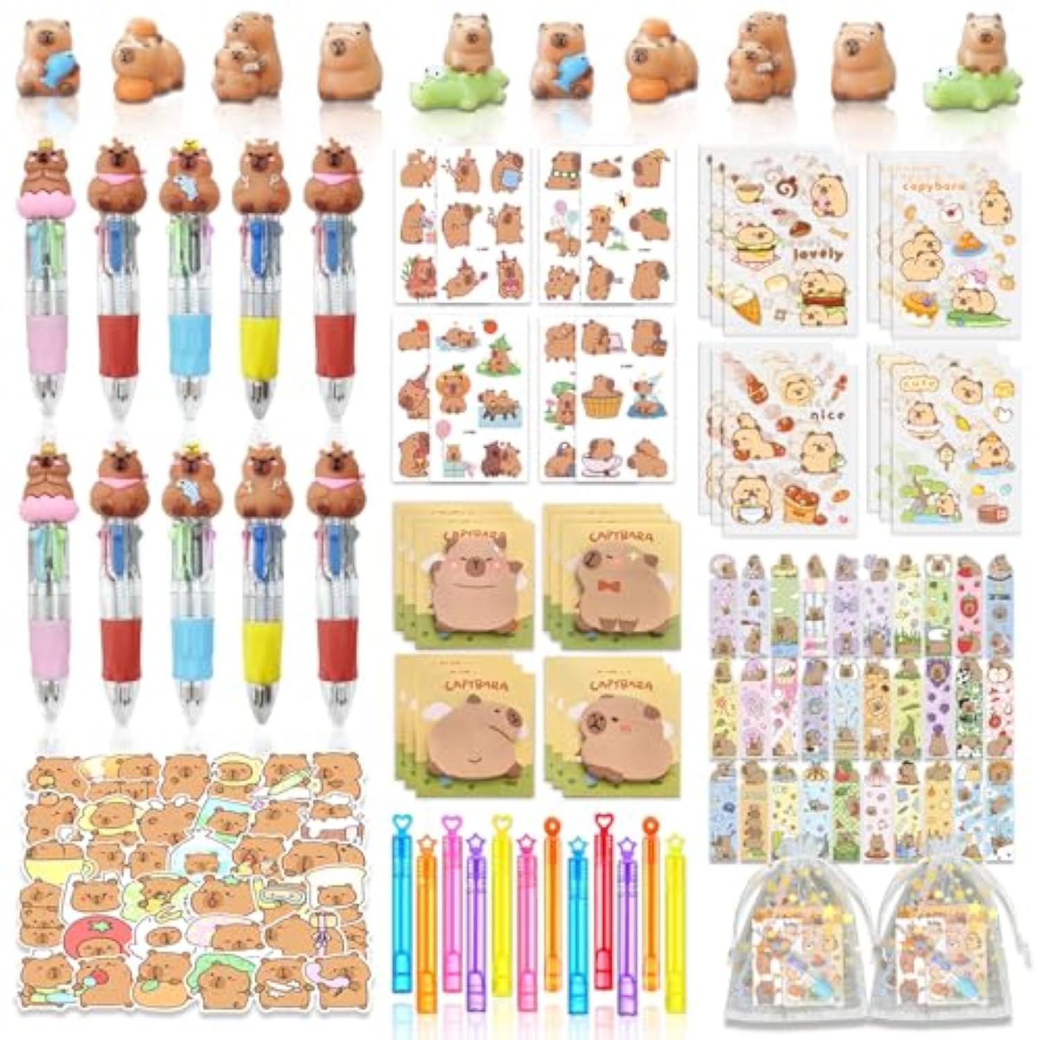 156Pcs Capybaraes Party Favor Theme Birthday Decorations Supplies Capybaraes Goodies Bags Stuff Stationery Set Classroom Prizes Tattoo Stickers Pen Bookmarks Post-It Notes Stickers