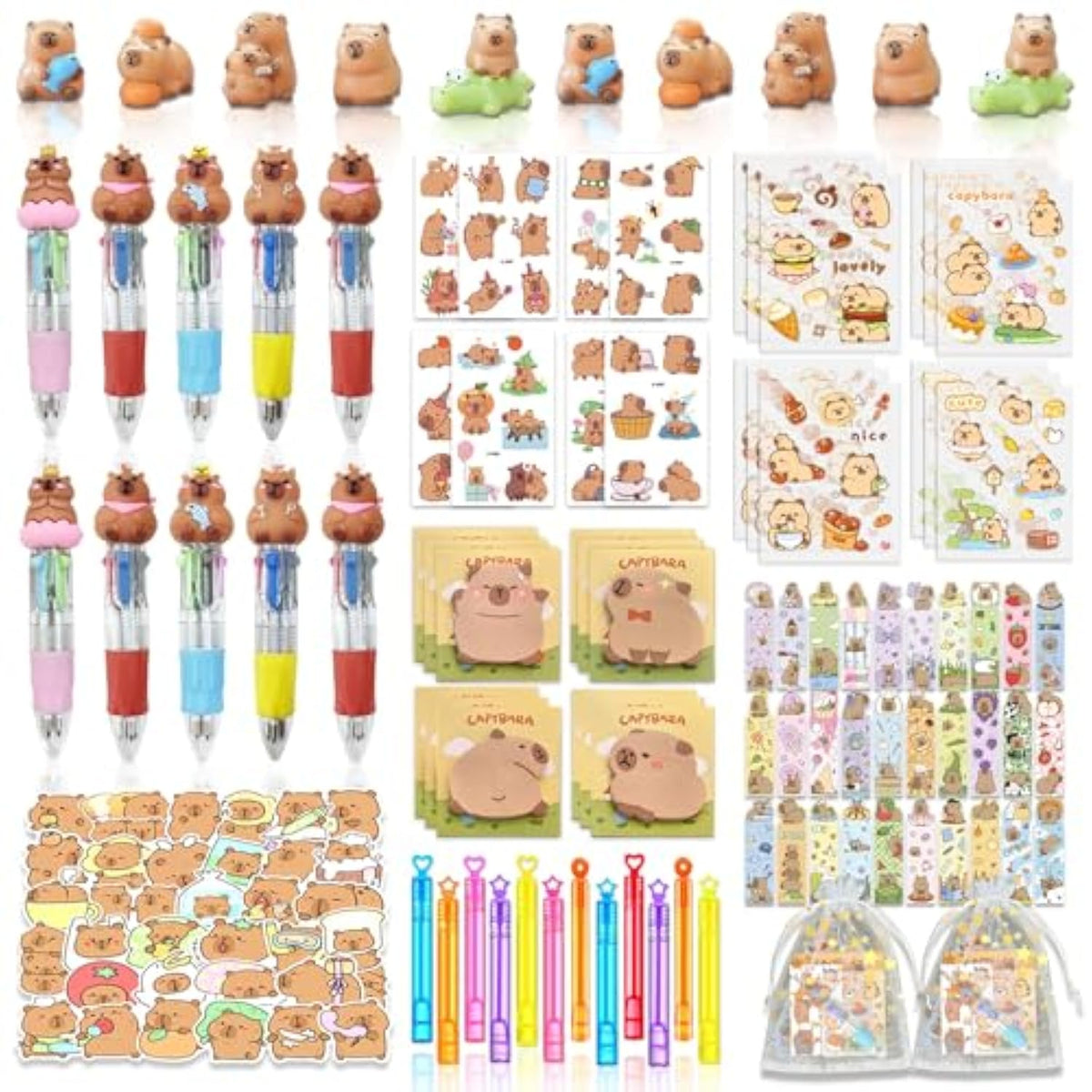156Pcs Capybaraes Party Favor Theme Birthday Decorations Supplies Capybaraes Goodies Bags Stuff Stationery Set Classroom Prizes Tattoo Stickers Pen Bookmarks Post-It Notes Stickers