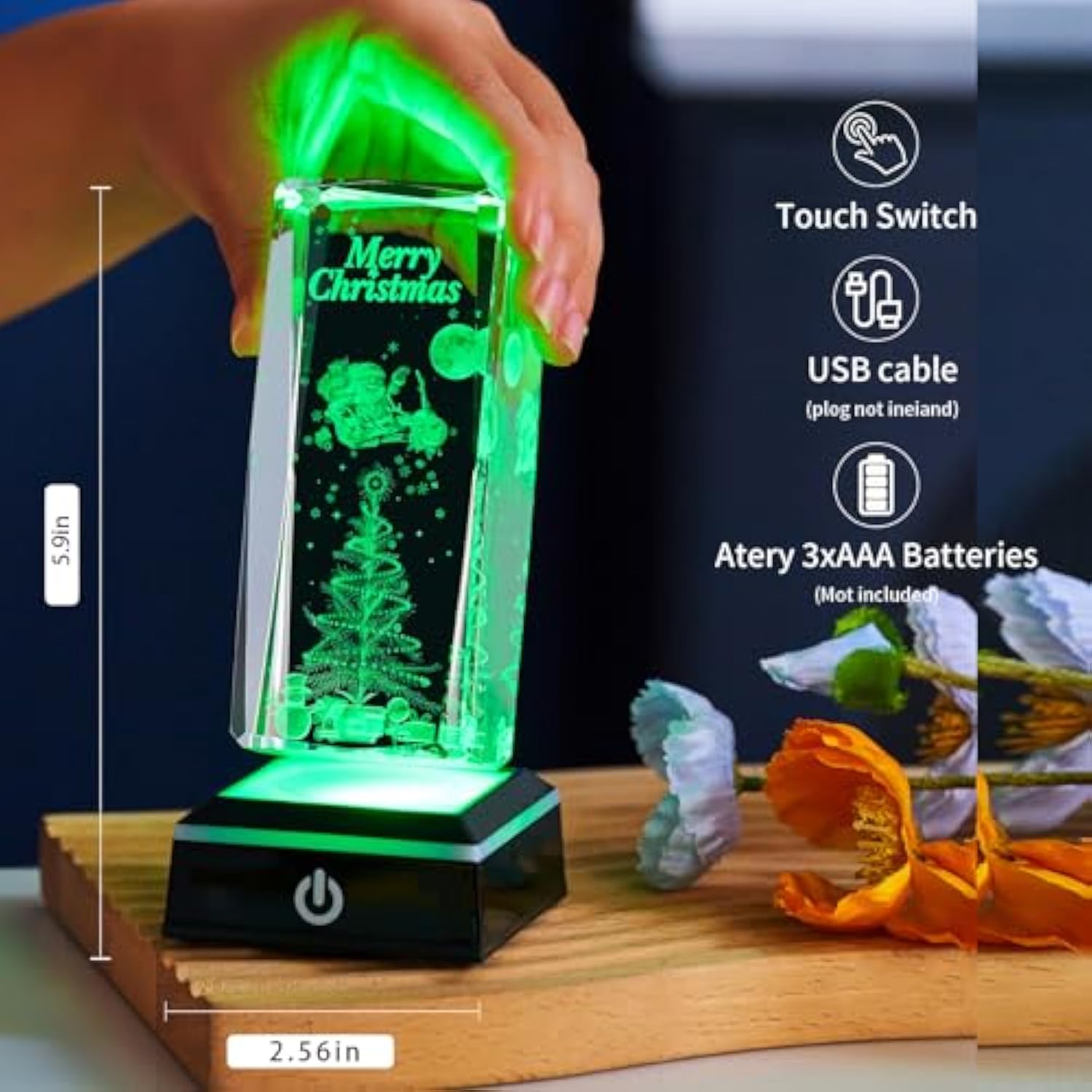 3D Crystal Night Light, K9 Crystal Led Lamp With Light Base, Merry Christmas Gifts For Kids, Women, Teens, Boys, Girls, Anniversary, Birthday, Holiday Room Decor(Merry Christmas)