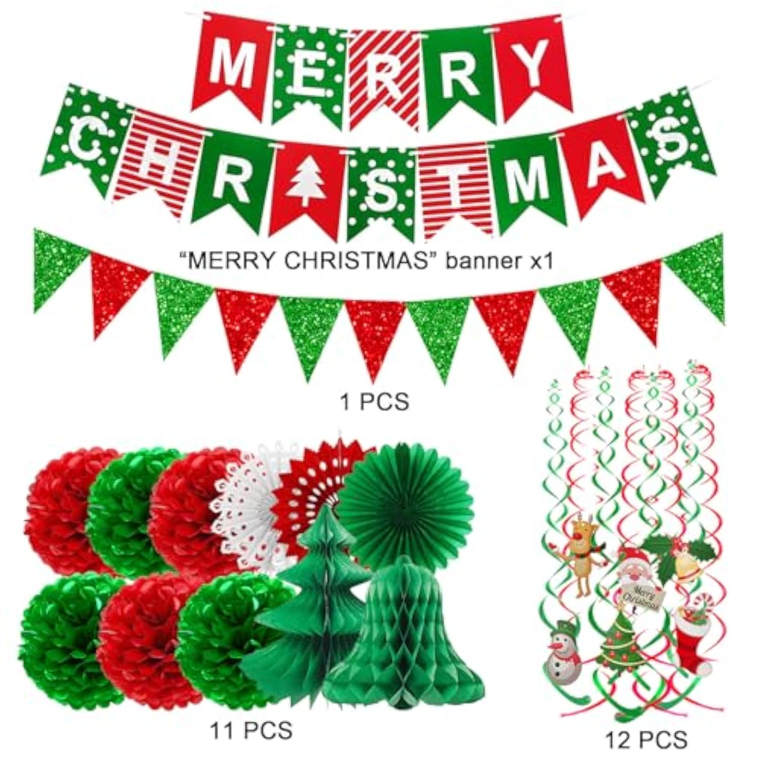 Merry Christmas Hanging Paper Banner Pom Poms Paper Flower Fan Swirl Streamers&Christmas Tree Santa Claus Banner For Merry Christmas Party Decorations