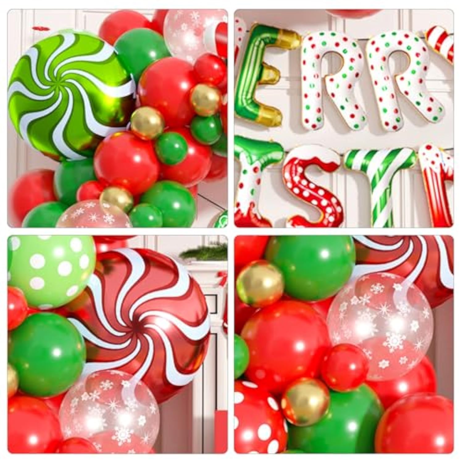 Christmas Balloon Arch, Christmas Balloon Garland Kit With Candy Cane Merry Christmas Foil Balloon Red Green Gold Latex Balloons Snowflake Printed For Xmas New Year Lollipop Party Decorations