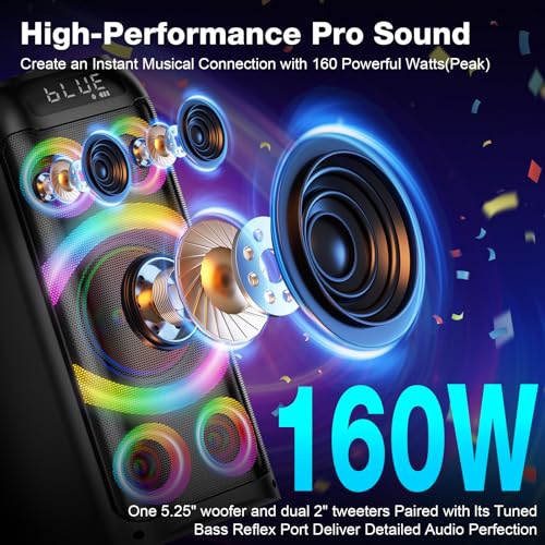 Bluetooth Speaker, 160W Peak Powerful Loud Stereo Sound Deep Bass Wireless Boombox Portable Large Speakers with Subwoofer TWS Pairing Dynamic LED
