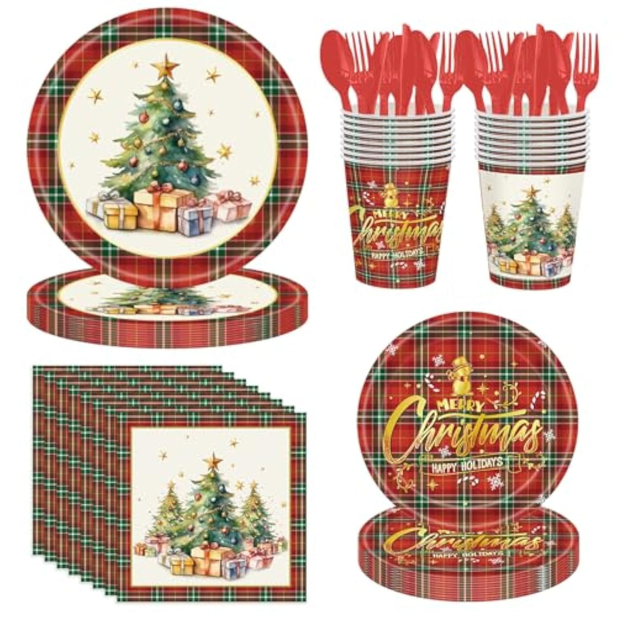175Pcs Christmas Party Supplies Disposable Tableware Christmas Paper Plates And Napkins Sets Cups Cutlery For Merry Christmas Xmas Holiday Party Decorations, Serves 25
