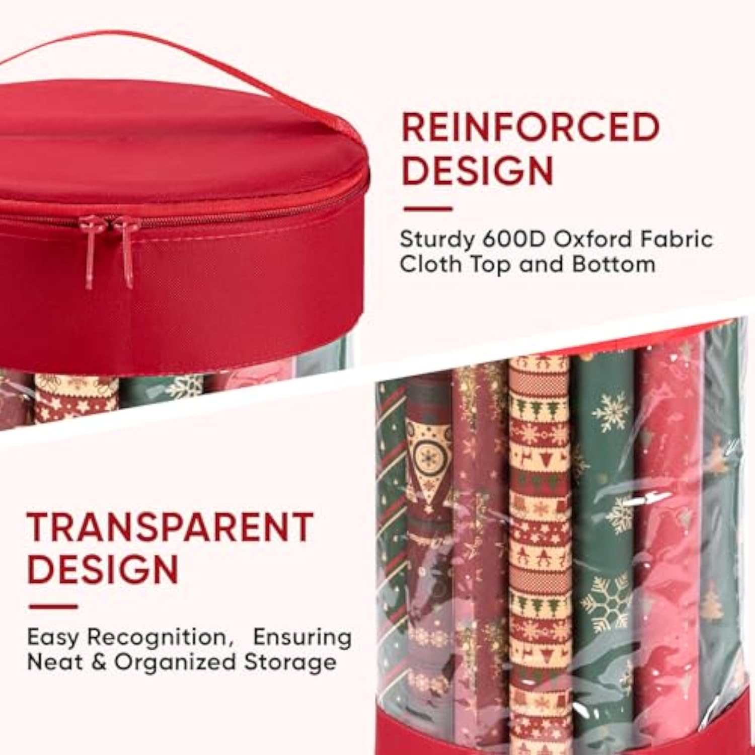 Christmas Wrapping Paper Organizer Storage, 41" Gift Wrapping Paper Storage Containers, Clear Pvc With Durable 600D Oxford Fabric Gift Wrap Paper Holder Fits 18-25 Rolls, Black