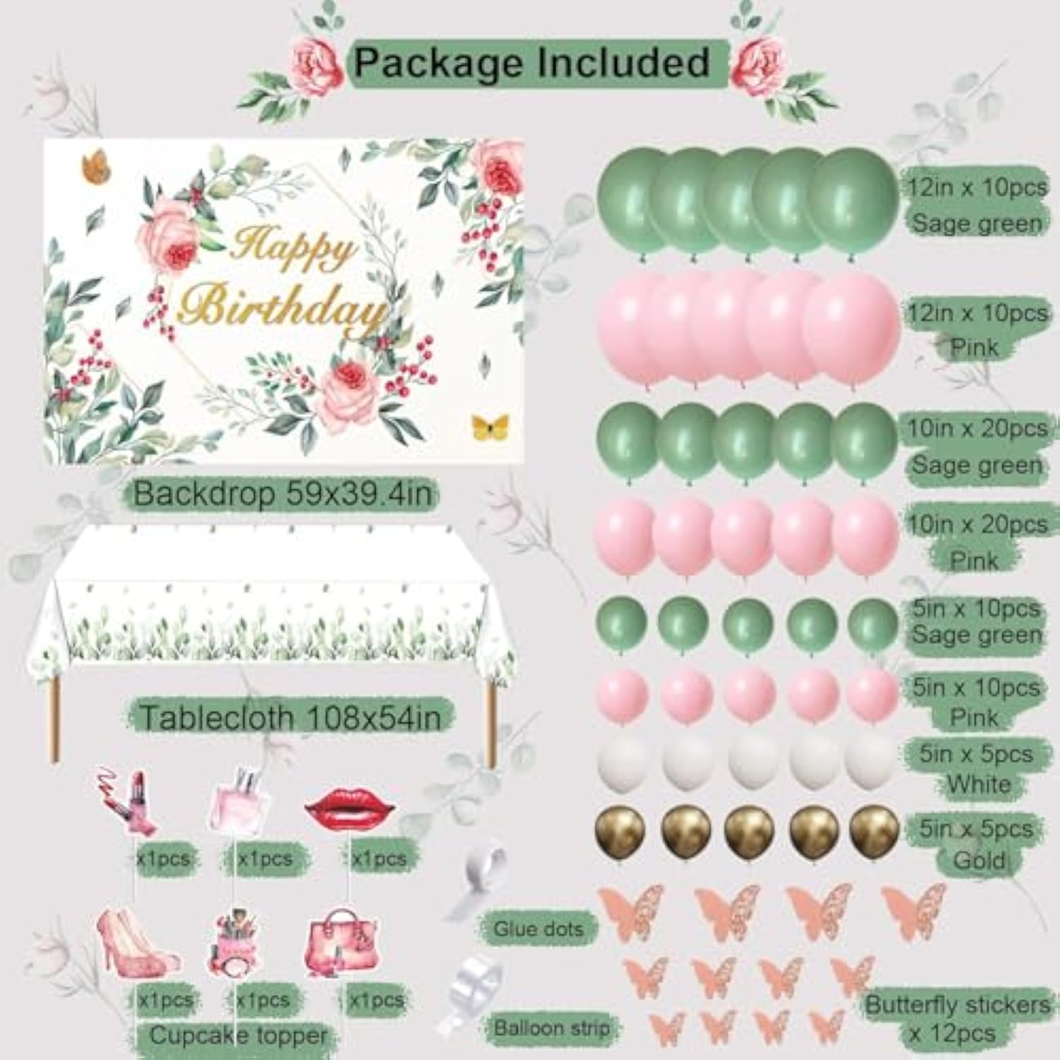 Floral Happy Birthday Decorations Women Birthday Party Supplies Including Flower Backdrop, Burgundy Rose Gold Balloons Garland Arch Kit, Tablecloth, Cupcake Toppers For Girls