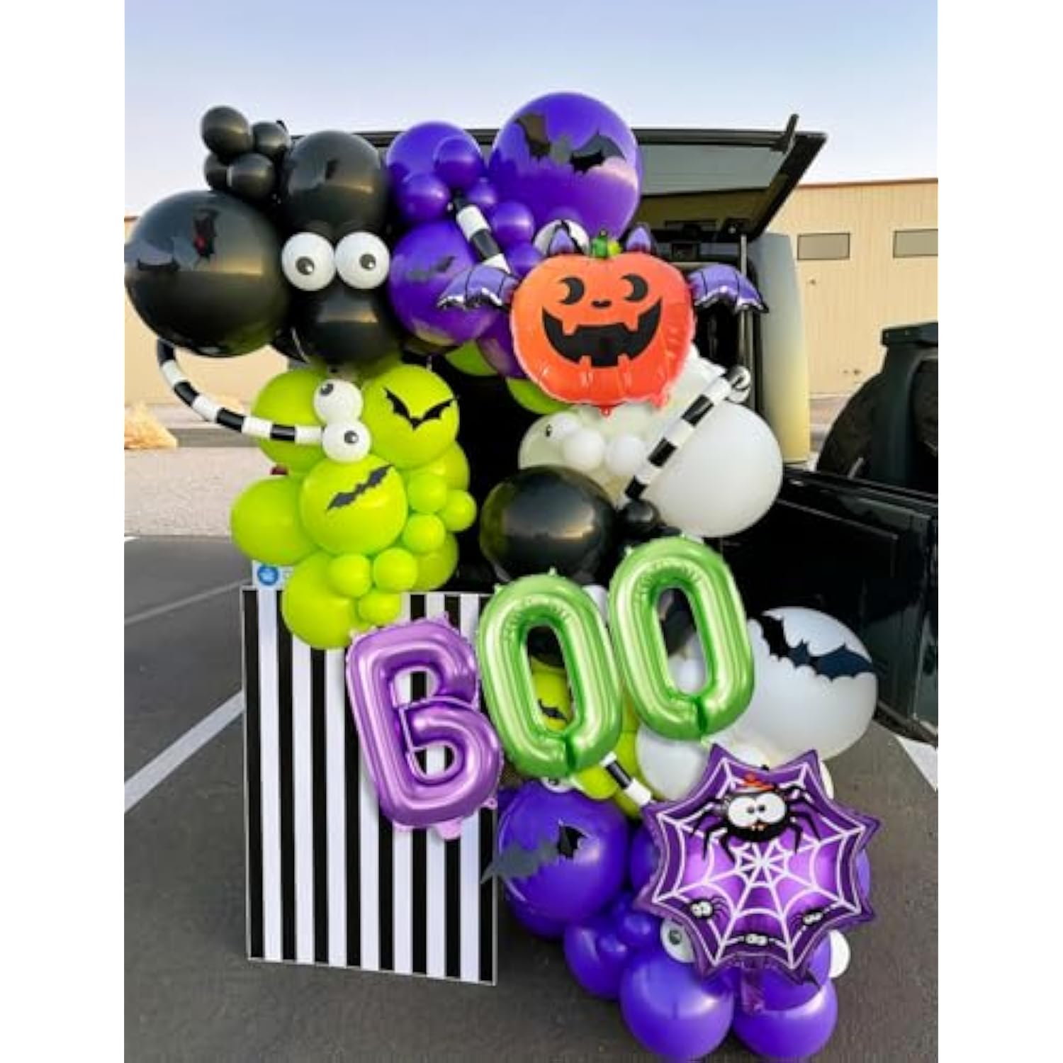 Halloween Balloon Arch Kit – Purple Green Black Balloons with Bat & Boo
