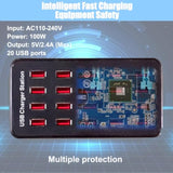 20-Port Usb Charger Station, 100W/20A, Compatible With Smartphones, Tablets, And Other Usb Devices