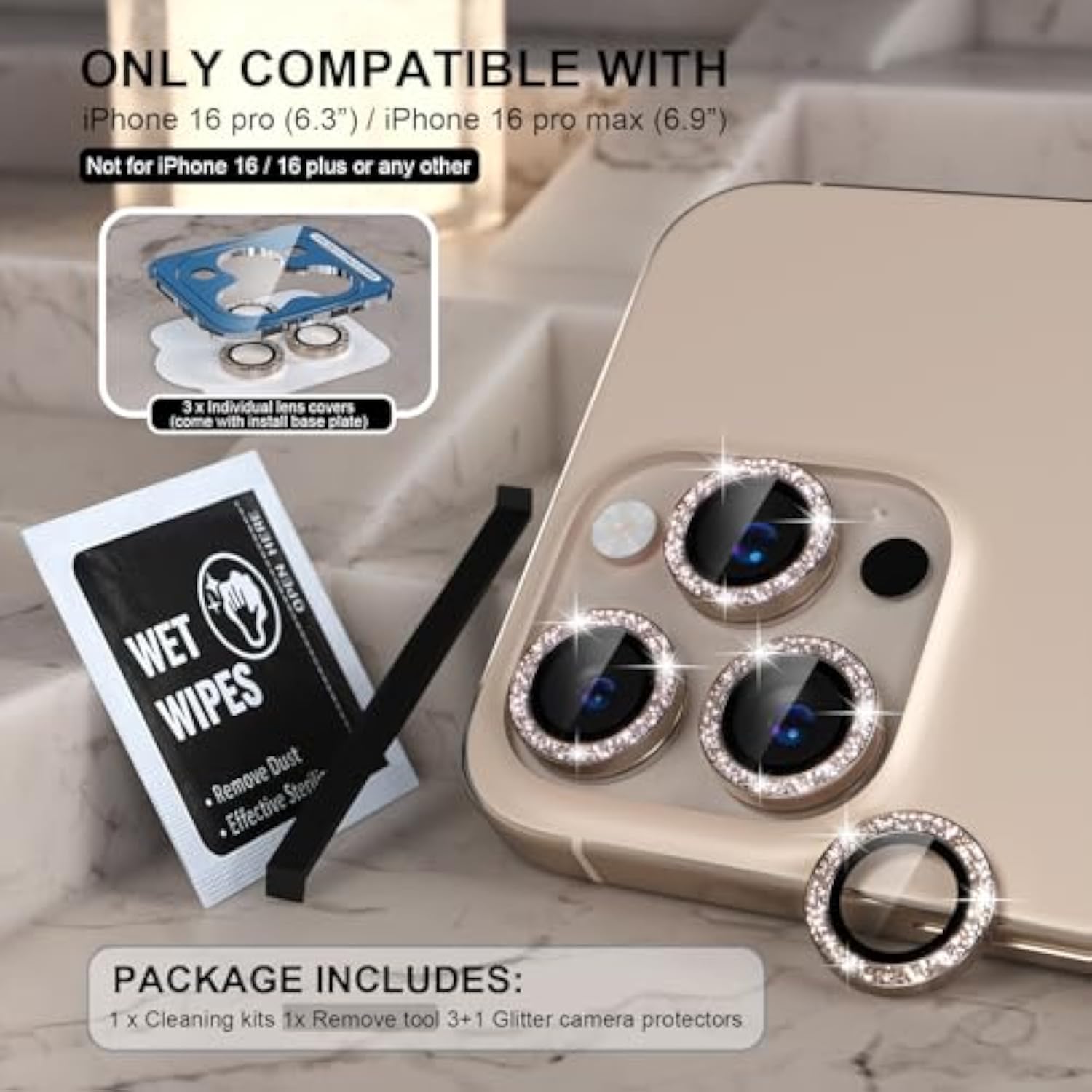 iPhone 16 Pro/Pro Max Camera Lens Protector, 9H Tempered Glass, Glitter Titanium