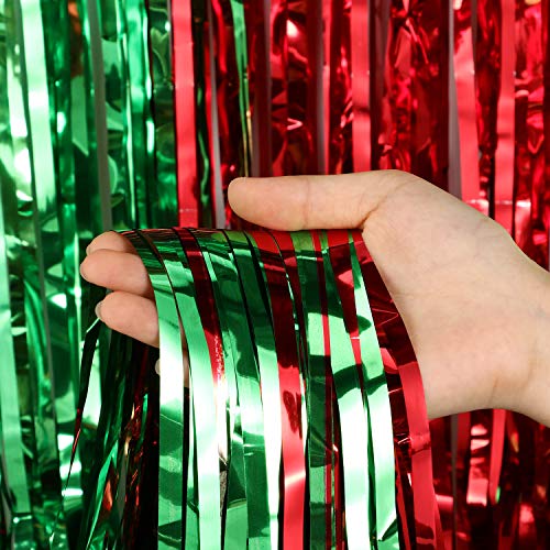 3 Pack Christmas Foil Fringe Curtains 3.28 x 8.2 ft, Red with Green