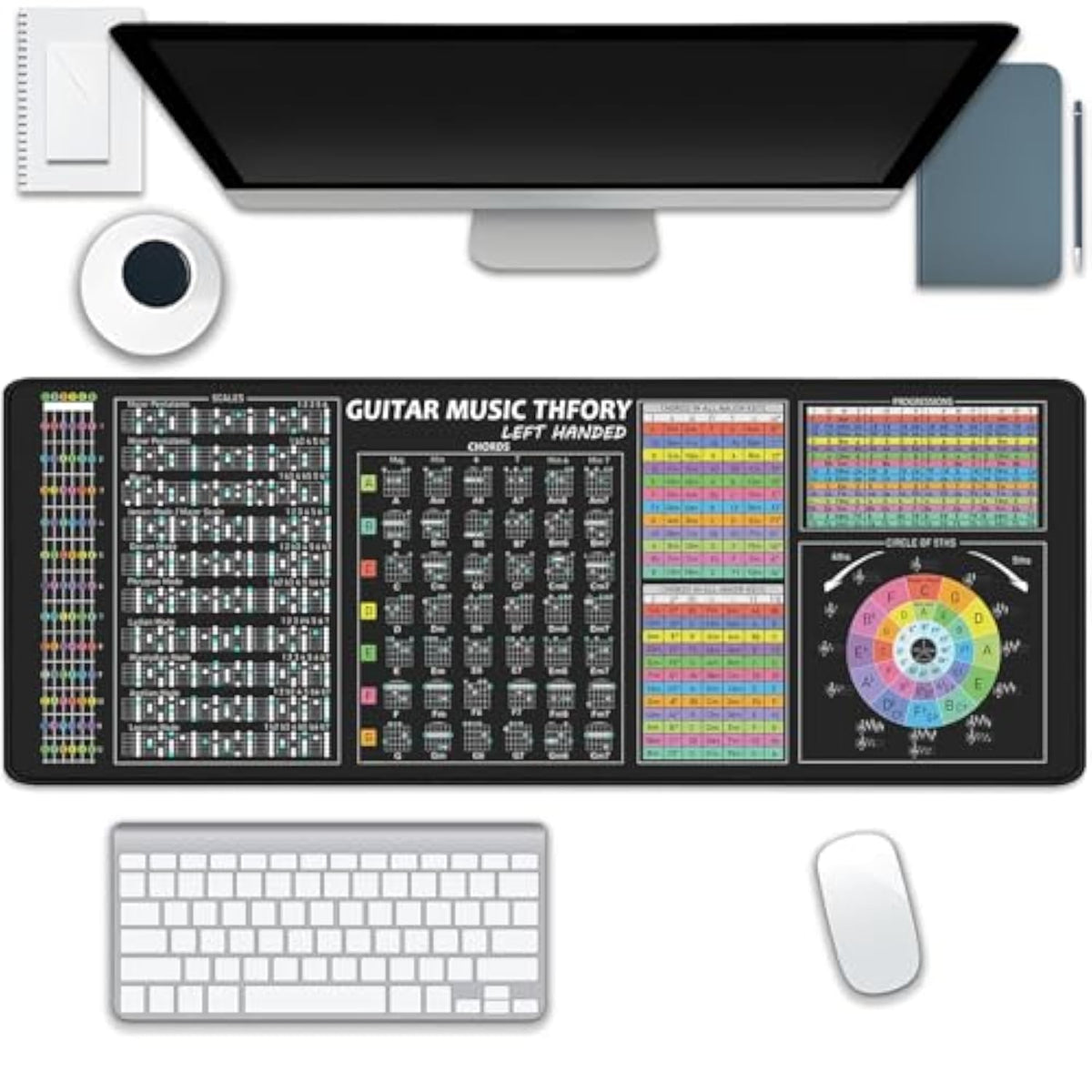 Left Handed Guitar Theory Mouse Pad Desk Pad, Chords, Circle Of Fifths, Scales, Guitar Fretboard, Music Theory All In One, Guitar Cheat Sheet Mouse Mat Desk Mat