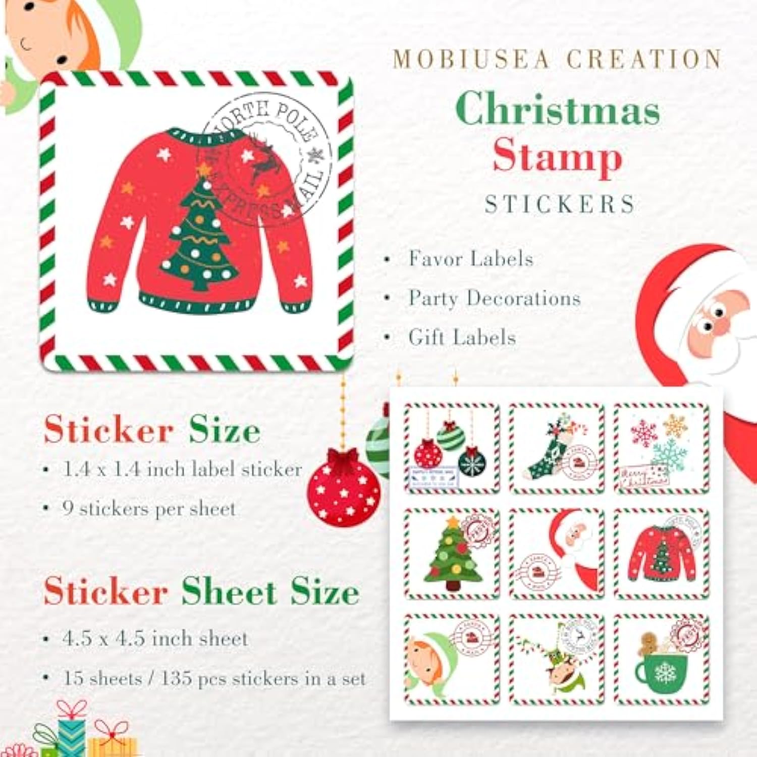 Christmas Stamp Stickers Modern Colorful Design | 1.4 Inch | Waterproof | 135-Pack | From Santa Labels, Christmas Labels