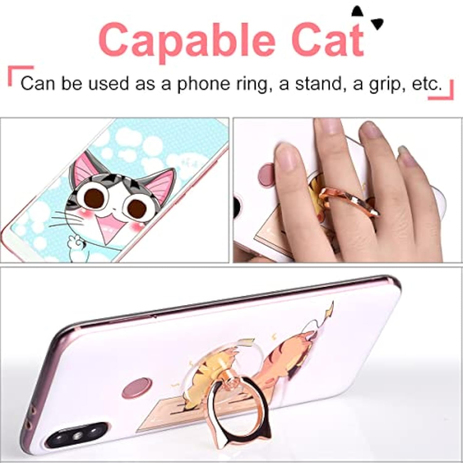Cat Phone Ring Holder Clear Cell Phone Ring Holder Transparent Stand Finger Grip (1 Silver + 1 Rose Gold Cat)