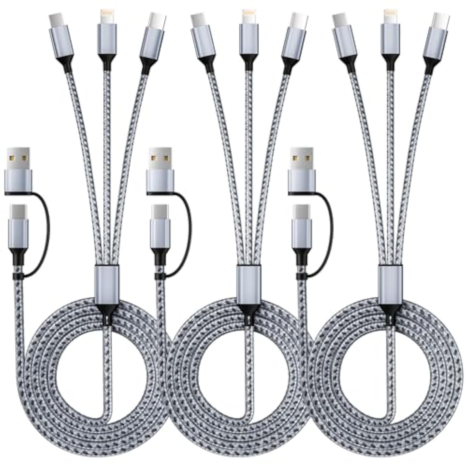 3 In 2 Multi Charging Cable(3Pack 4Ft), Usb A+Usb C Charging Cable Nylon Multi Usb Cable Universal Charging Cord With Type-C, Micro Usb And Ip Port For Cell Phones And More