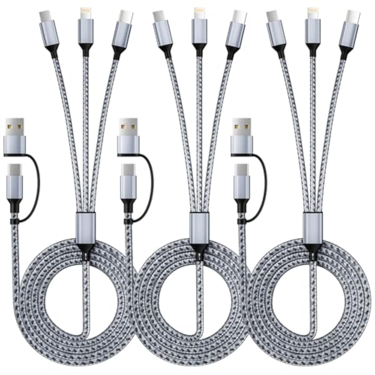 3 In 2 Multi Charging Cable(3Pack 4Ft), Usb A+Usb C Charging Cable Nylon Multi Usb Cable Universal Charging Cord With Type-C, Micro Usb And Ip Port For Cell Phones And More