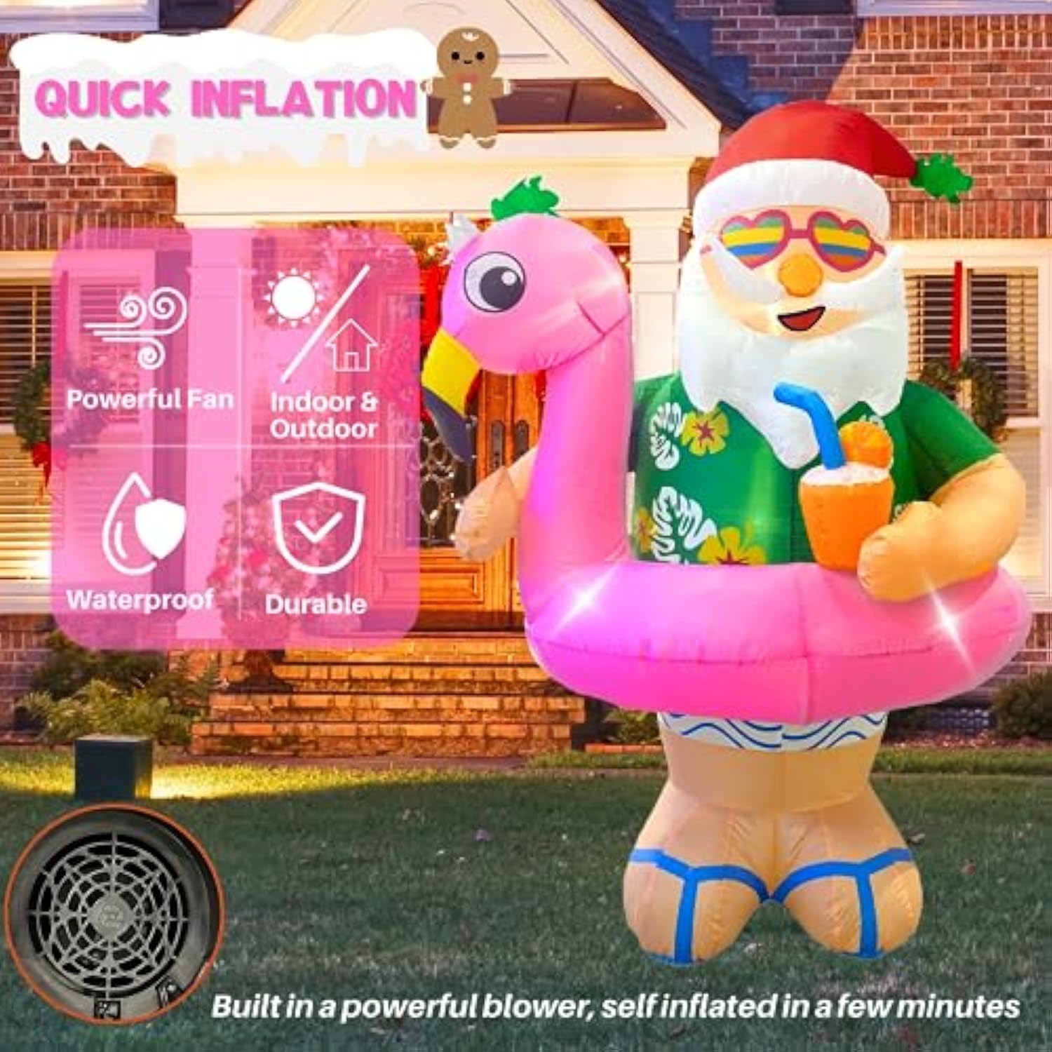 Christmas Inflatables Outdoor Decorations 6Ft Hawaii Santa Claus Cute Blow Up Xmas Decoration With Led Lighted Inflatabl