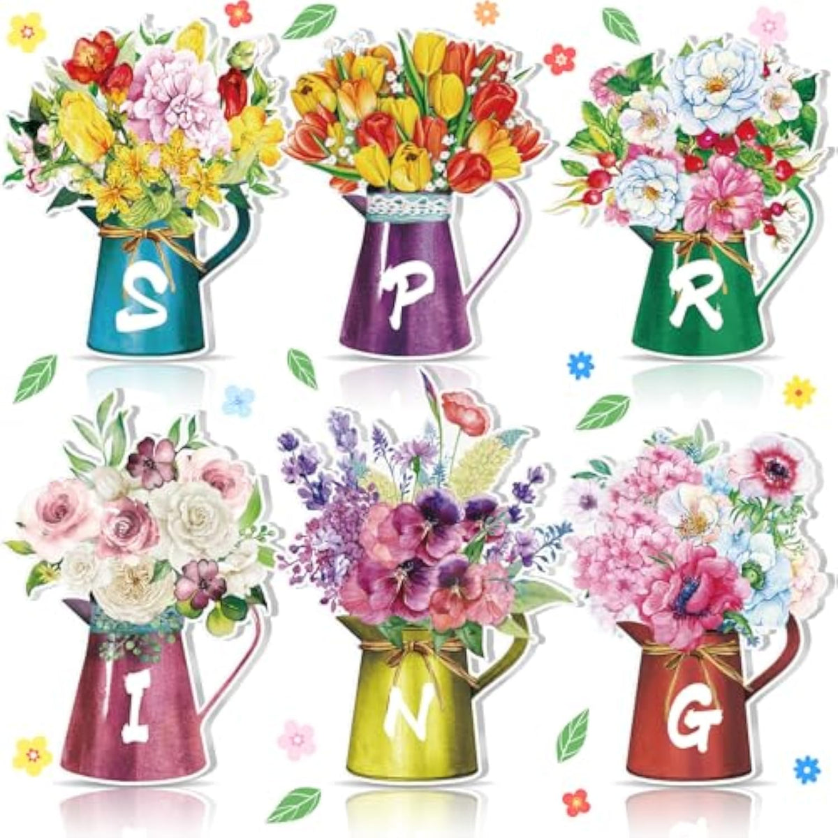 6 Pcs Spring Table Decorations For Home Spring Wood Block Watering Can Flower Tiered Tray Farmhouse Table Centerpiece For Home Kitchen Holiday