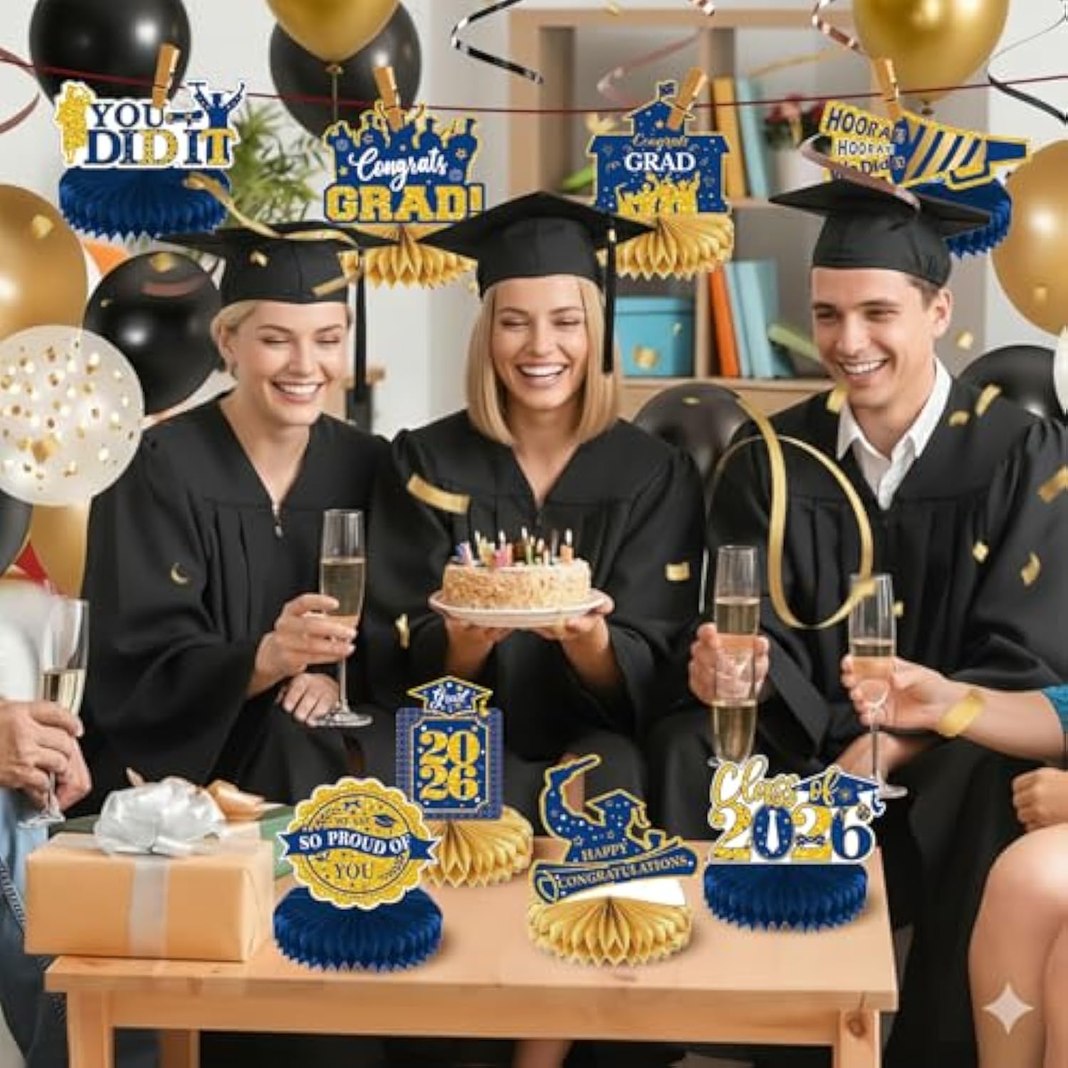 2026 Graduation Party Decorations - 8 Pcs Blue Gold Class Of 2026 Graduation Party Table Decor Honeycomb Centerpieces For Tables Congratulate For 2026 Congrats Grad Party Supplies
