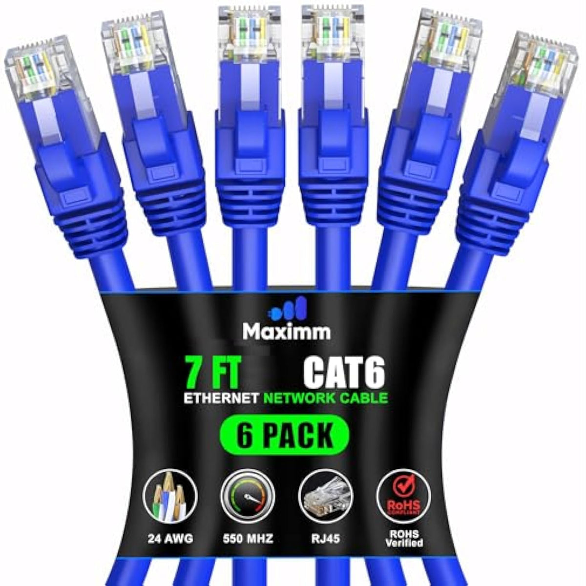 Maximm Cat 6 Ethernet Cable 7 Ft, (6-Pack) Cat6 Cable, LAN Cable, Internet Cab