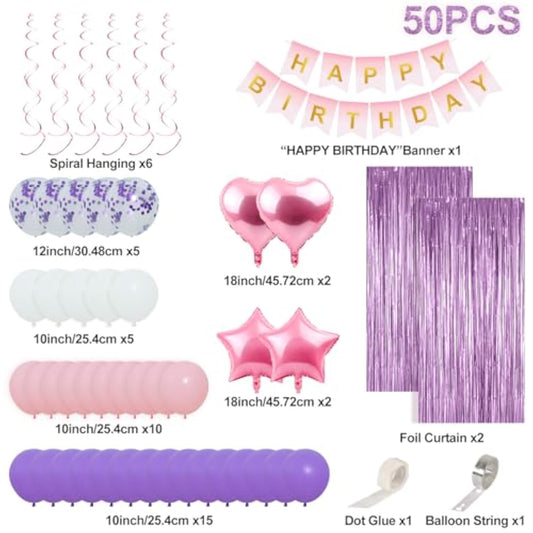 Happy Birthday Decorations For Women Girls - 50 Pcs Purple Pink Birthday Decorations Include Happy Birthday Banner Balloons Fringe Curtain Hanging Swirls For Birthday Party Supplies