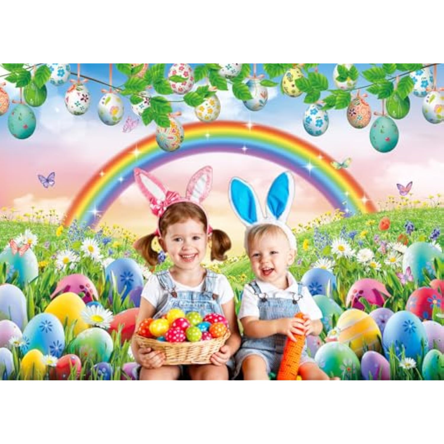 7X5Ft Spring Easter Backdrop Rainbow Meadow Flowers Colourful Eggs Photography Backgrounds Newborn Photography Backdrop Children'S Baby Birthday Party Decoration Banner