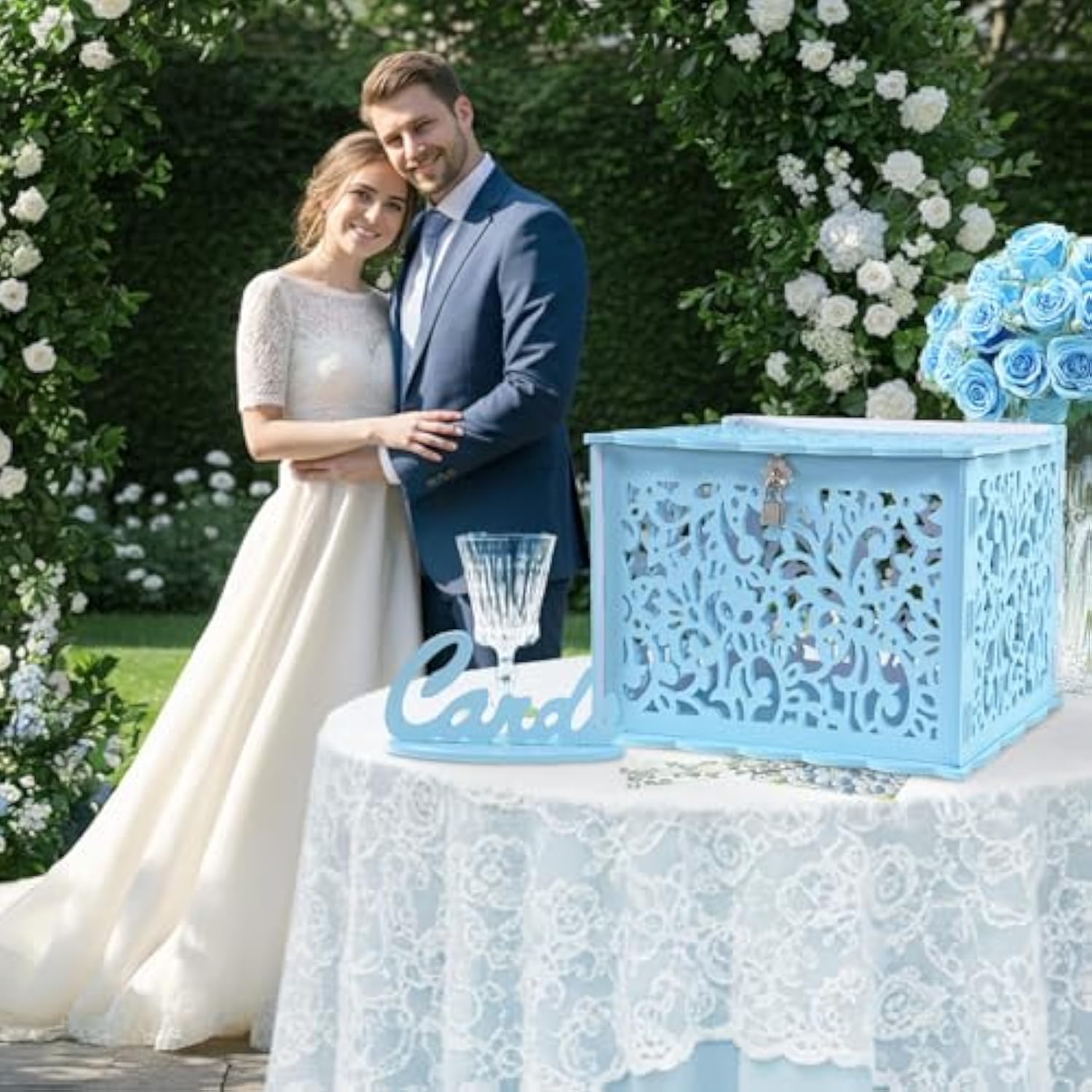Blue Wedding Card Box For Party, Pvc Gift Card Box For Wedding Decorations With Lock, Envelope Money Wedding Card Boxes For Reception Anniversary Graduation Bridal Shower Birthday Decor