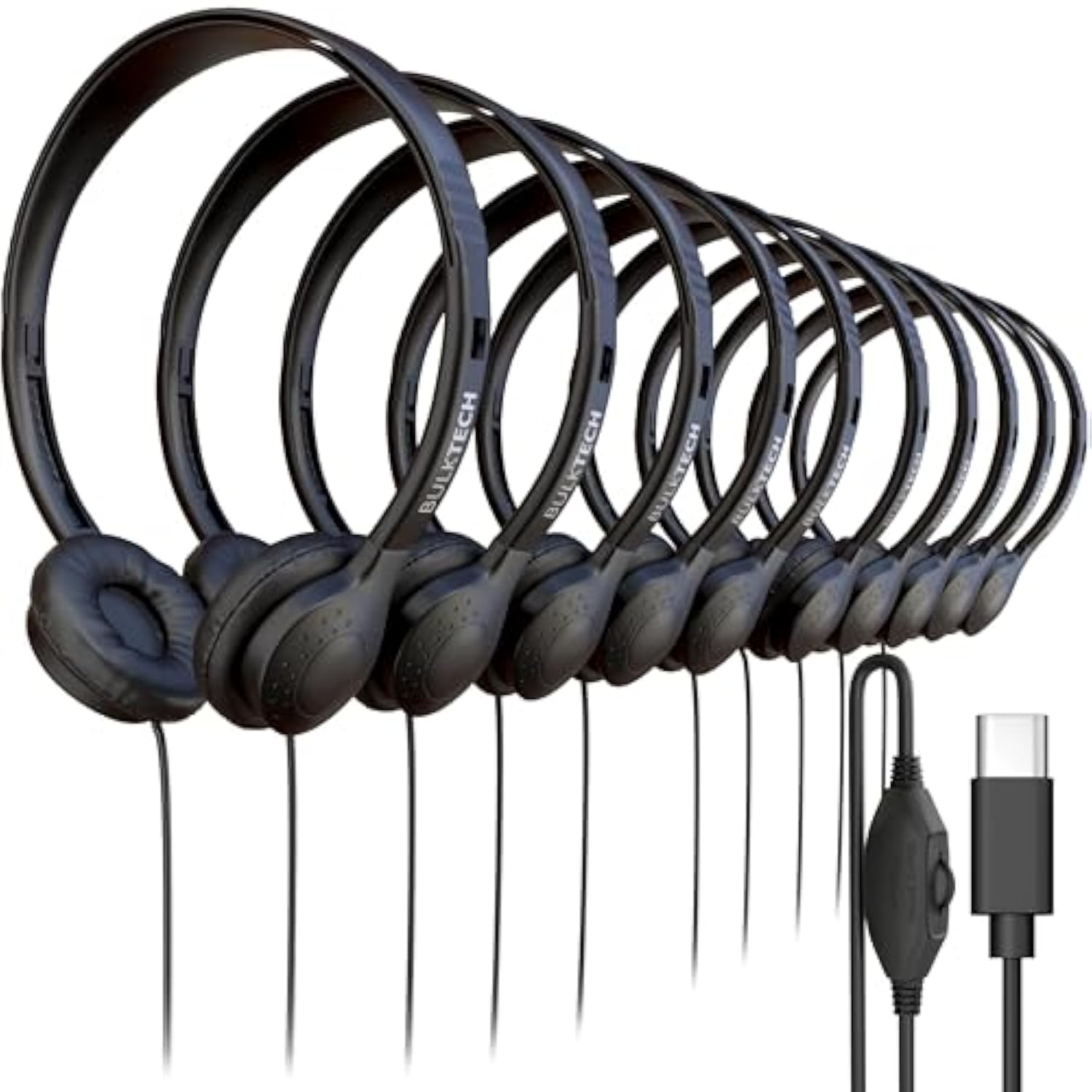 10 Pack Bulk Wired Headphones, Leather, Usb-C, On-Ear, Volume Control, Compatible With Phone, Tablet, Laptop, Pc For School, Class, Meeting, Conference, Test, Black