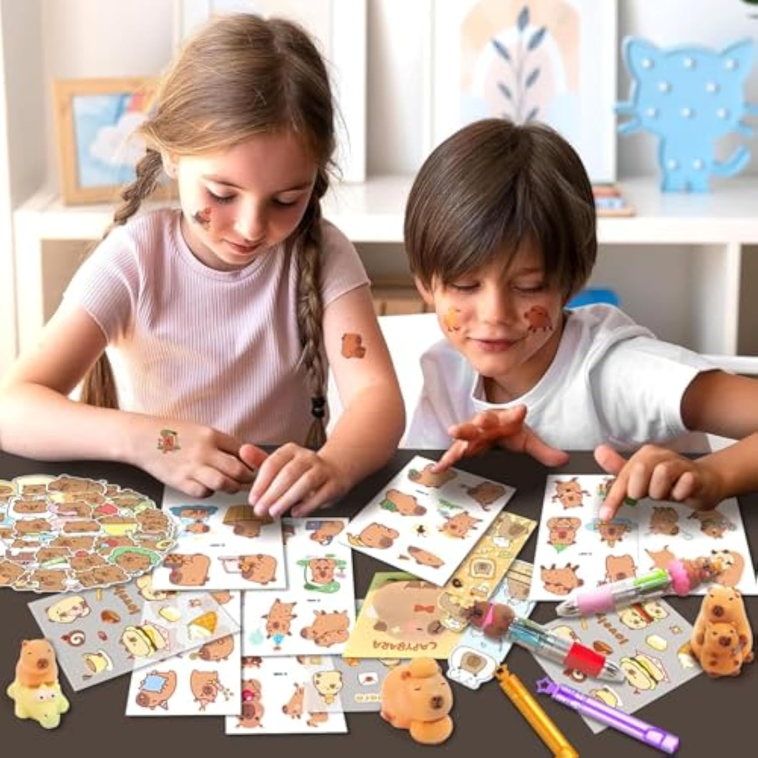 156Pcs Capybaraes Party Favor Theme Birthday Decorations Supplies Capybaraes Goodies Bags Stuff Stationery Set Classroom Prizes Tattoo Stickers Pen Bookmarks Post-It Notes Stickers