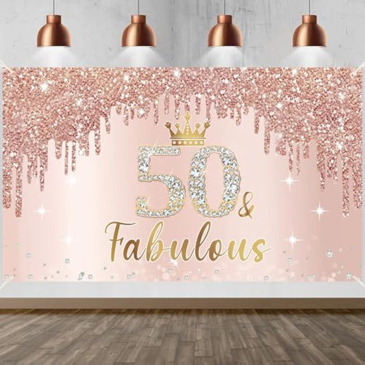 Pink Rose Gold 50Th Birthday Banner Decorations For Women, Happy 50Th Birthday Banner Backdrop Party Supplies, Fifty Years Old Bday Background Photo Sign For Indoor Outdoor