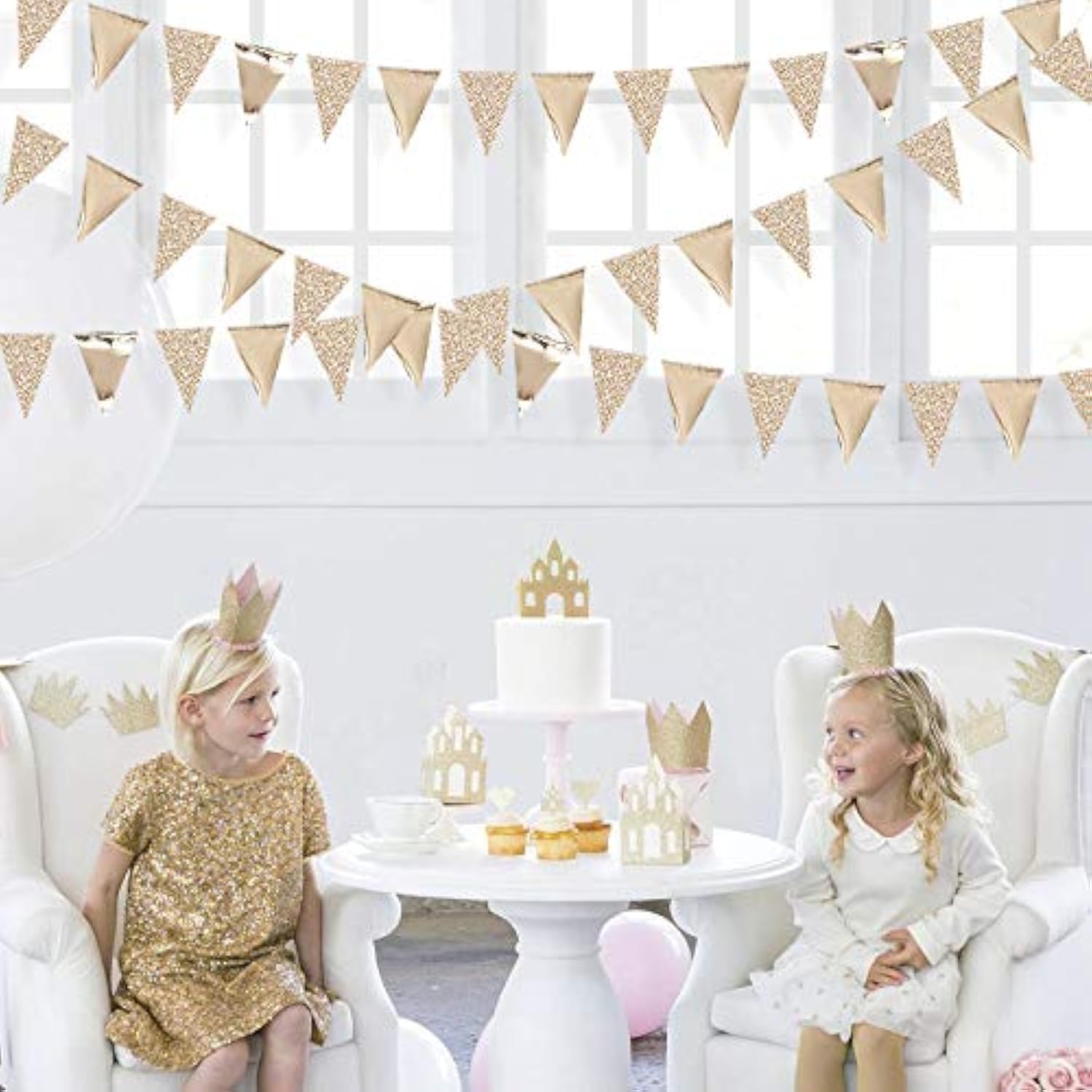 30 Ft Champagne Gold Double Sided Glitter Metallic Triangle Flag Bunti