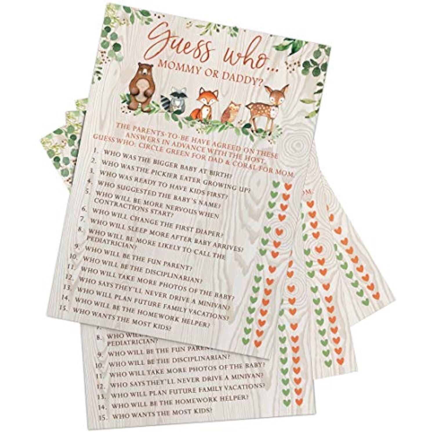 Baby Shower Games – Guess Who Mommy Or Daddy Game For Boy Or Girl, Woodland Forest Animals Theme, 50 Cards