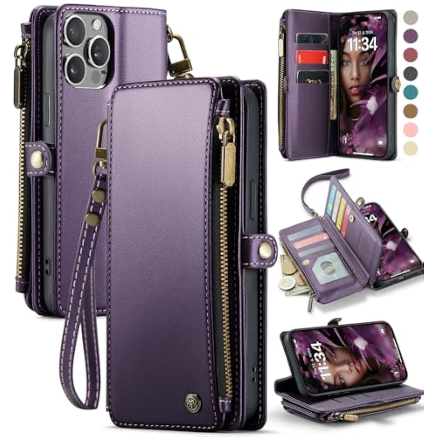 Compatible With Iphone 14 Pro Max Case Wallet With Rfid Blocking Card Holder For Women Men, Pu Leather Magnetic Snap Flip Zipper Strap Wallet Phone Case Fit For Iphone 14 Pro Max 6.7, Purple