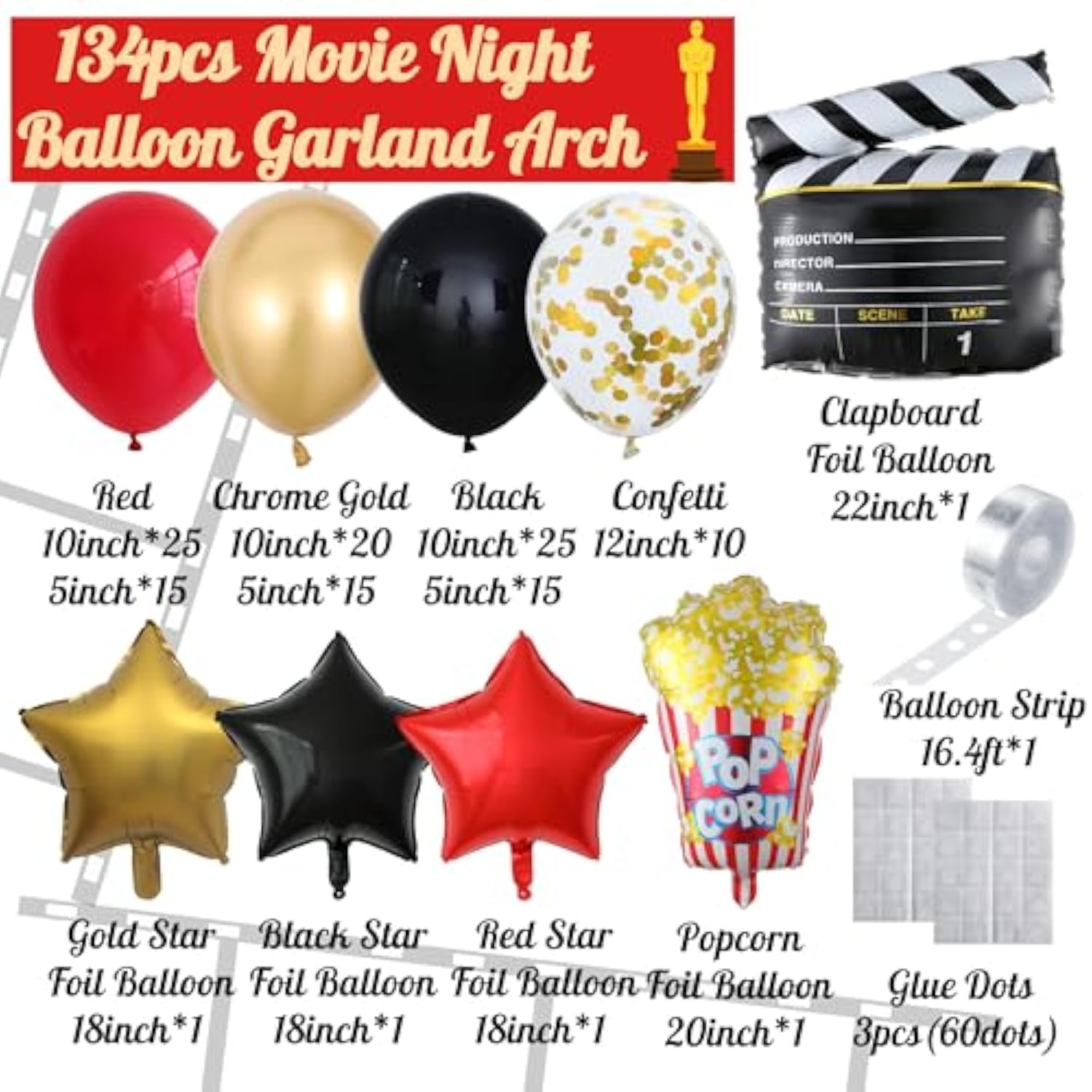 Movie Night Balloon Arch Kit – 134pcs Red, Black & Gold with Popcorn and Clapboard Balloons
